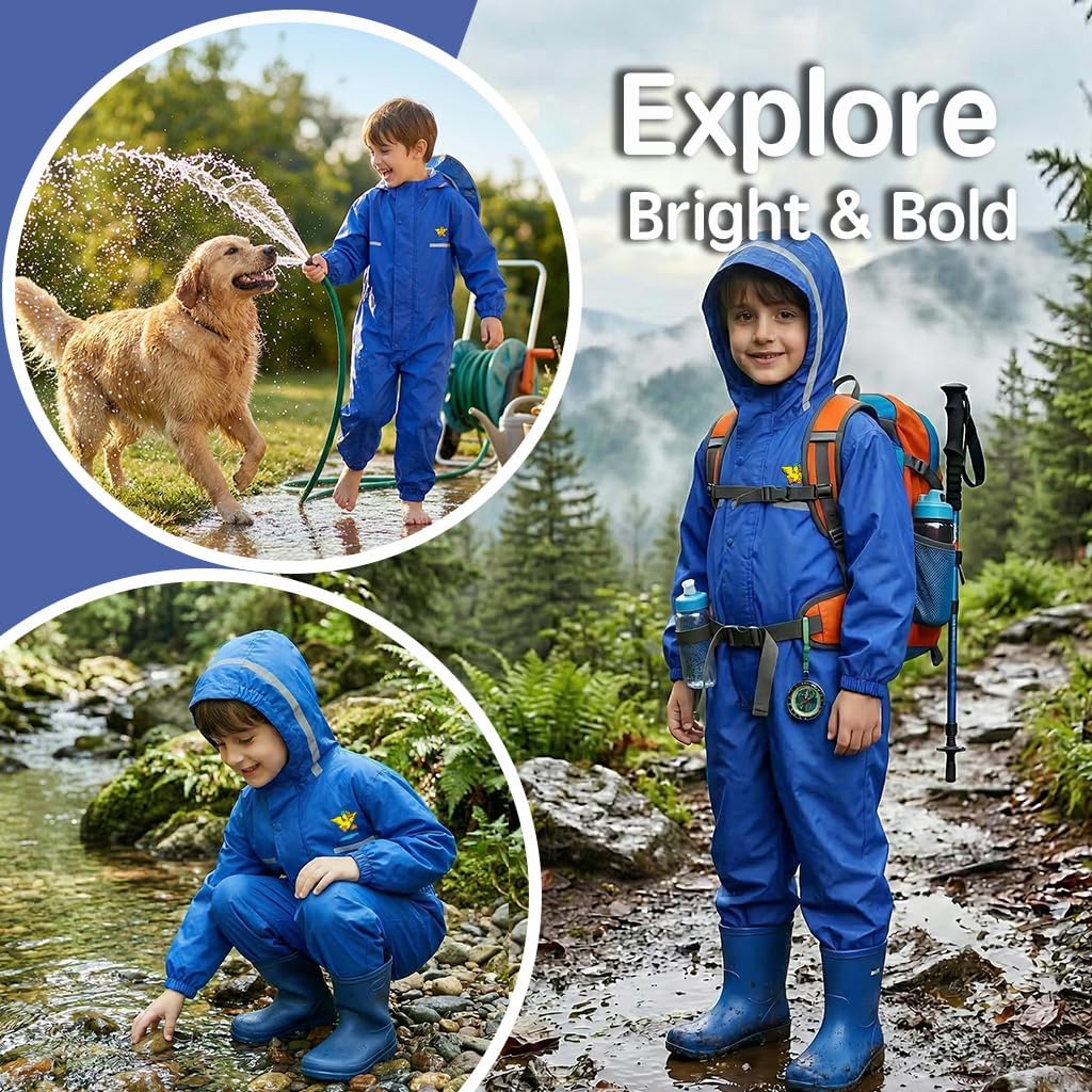 Toddler Kids Rain Suit for Boys Girls One Piece Hoodie Waterproof Coverall Lightweight Rain Jacket 2-12 Years