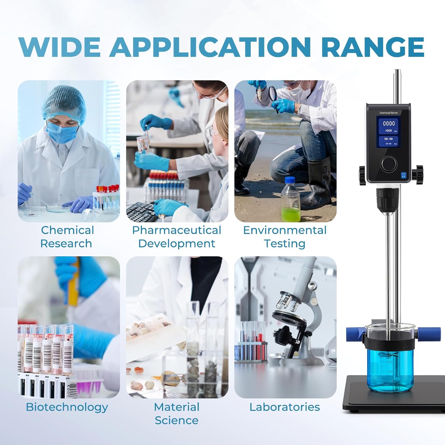 Overhead Stirrer for Lab – 20L High Viscosity Mixer (10,000 cP), 100-2000 RPM Digital Stirrer with LCD Display, Timer, Torque Boost & Beaker Clamp for Chemistry, Biology, Research