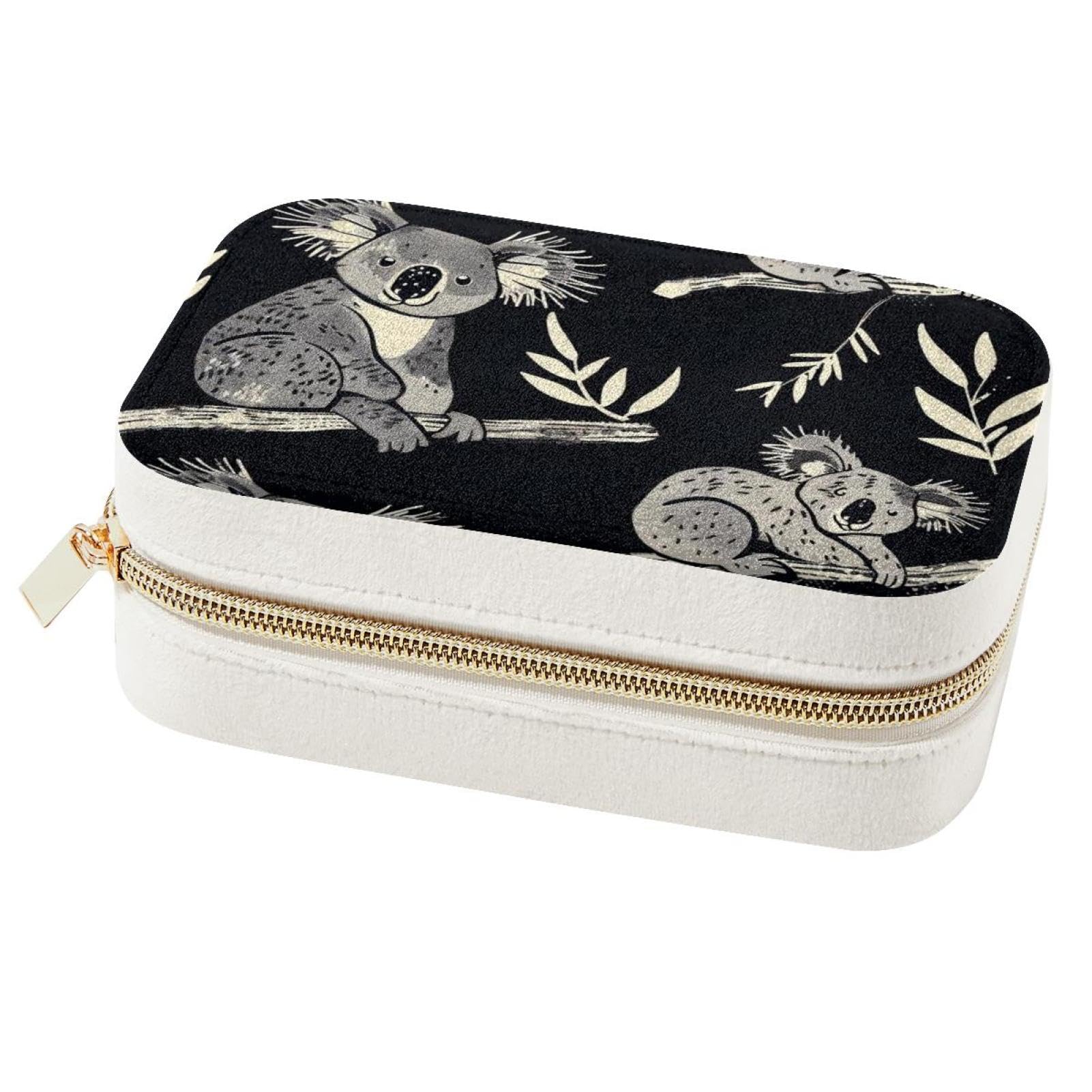 Boîte à bijoux Koala grise portable avec compartiments anti-nœuds bagues