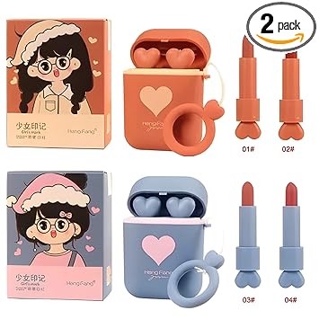 KA CAYLA Heng Fang Airpods Dual-Color Silky Velvet Matte Lipstick Lip Stain Makeup Set, Red Stay On Cute Waterproof Lipstick Gift Kit For Women Girls (Blue & Orange Case (#4,#3,#2,#1))
