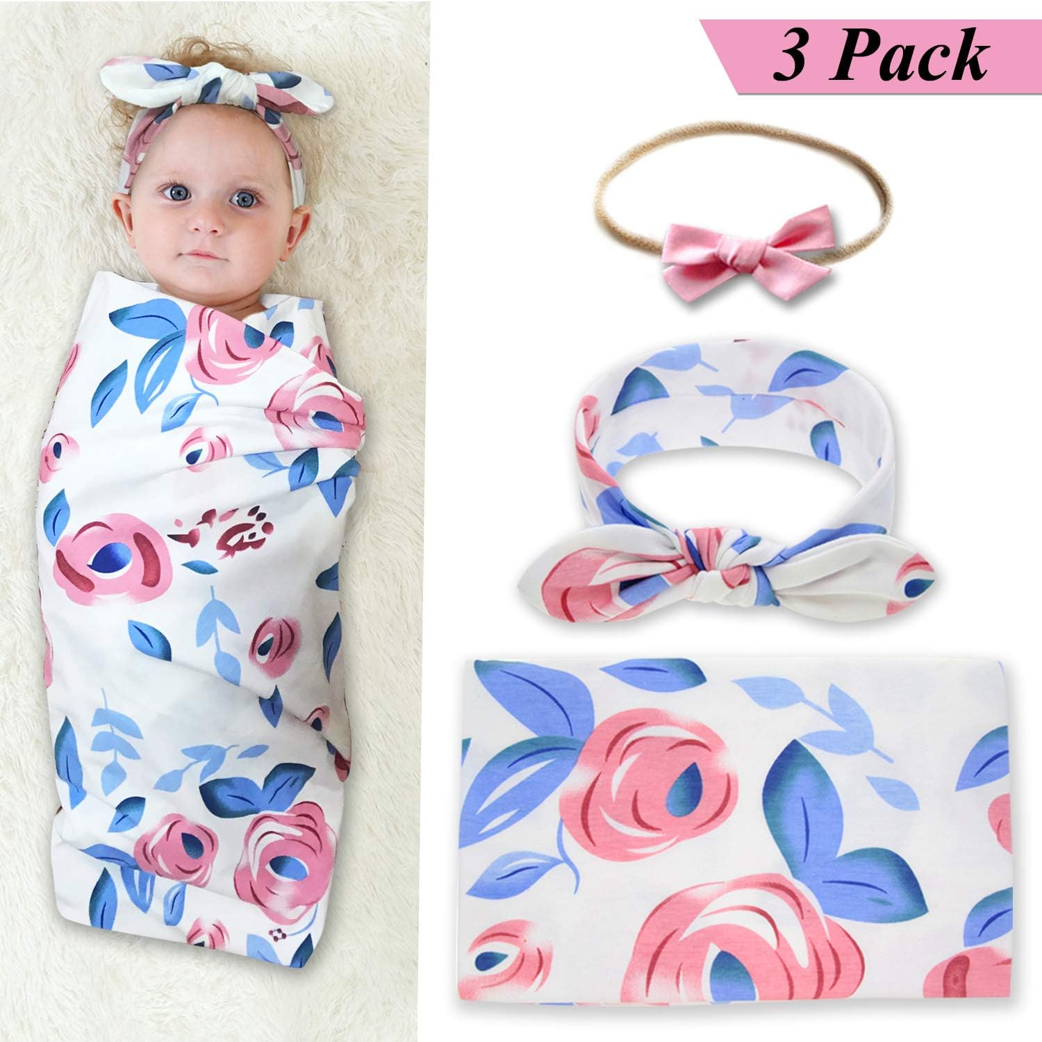 Newborn Baby Swaddle Blanket and Bow Headband Set Baby Receiving Blankets Baby Shower Gift (Blue2#)