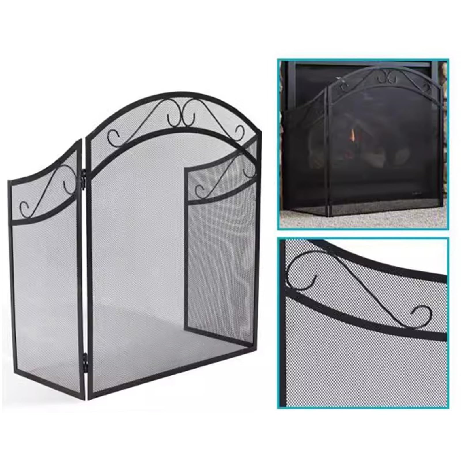 GTPBAO Salvachispas Chimenea Pantalla De Malla De Hierro Forjado Negra para Chimenea: Protector De Chispas Plegable De 3 Paneles para Estufa De Leña, 128×78cm