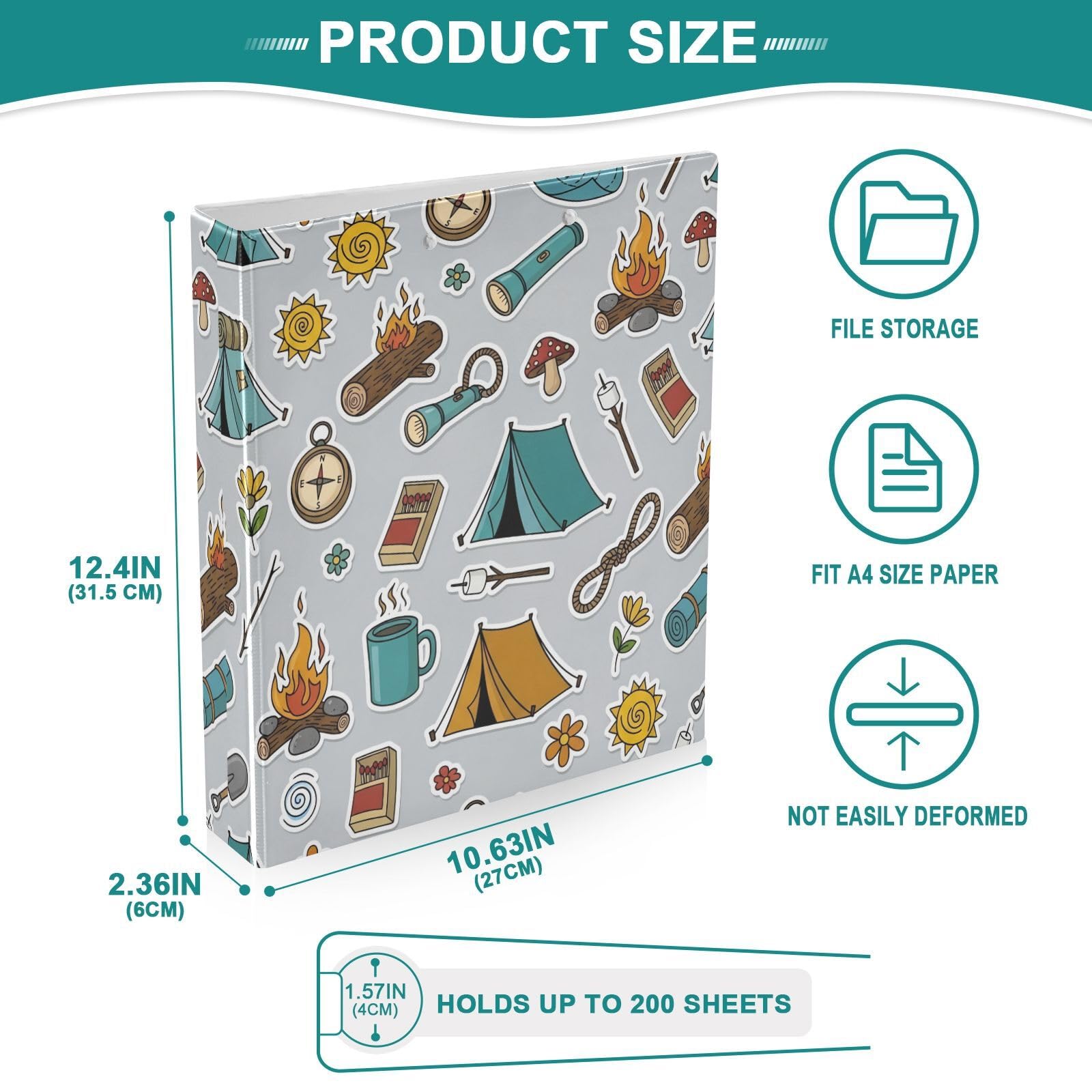 Raccoglitori a 3 anelli, 3,8 cm, design giocoso da campeggio, rotondi, con clip in metallo, organizer per casa e ufficio, confezione da 2