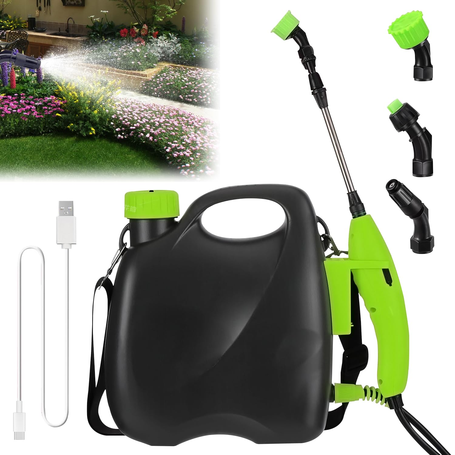 Battery Powered Backpack Sprayer 1.35Gallon, Garden Sprayer with Adjustable Shoulder Strap, Weed Yard Lawn Sprayer with 5 Mist Nozzles, The Telescopic Spray Rod Can Reach Further