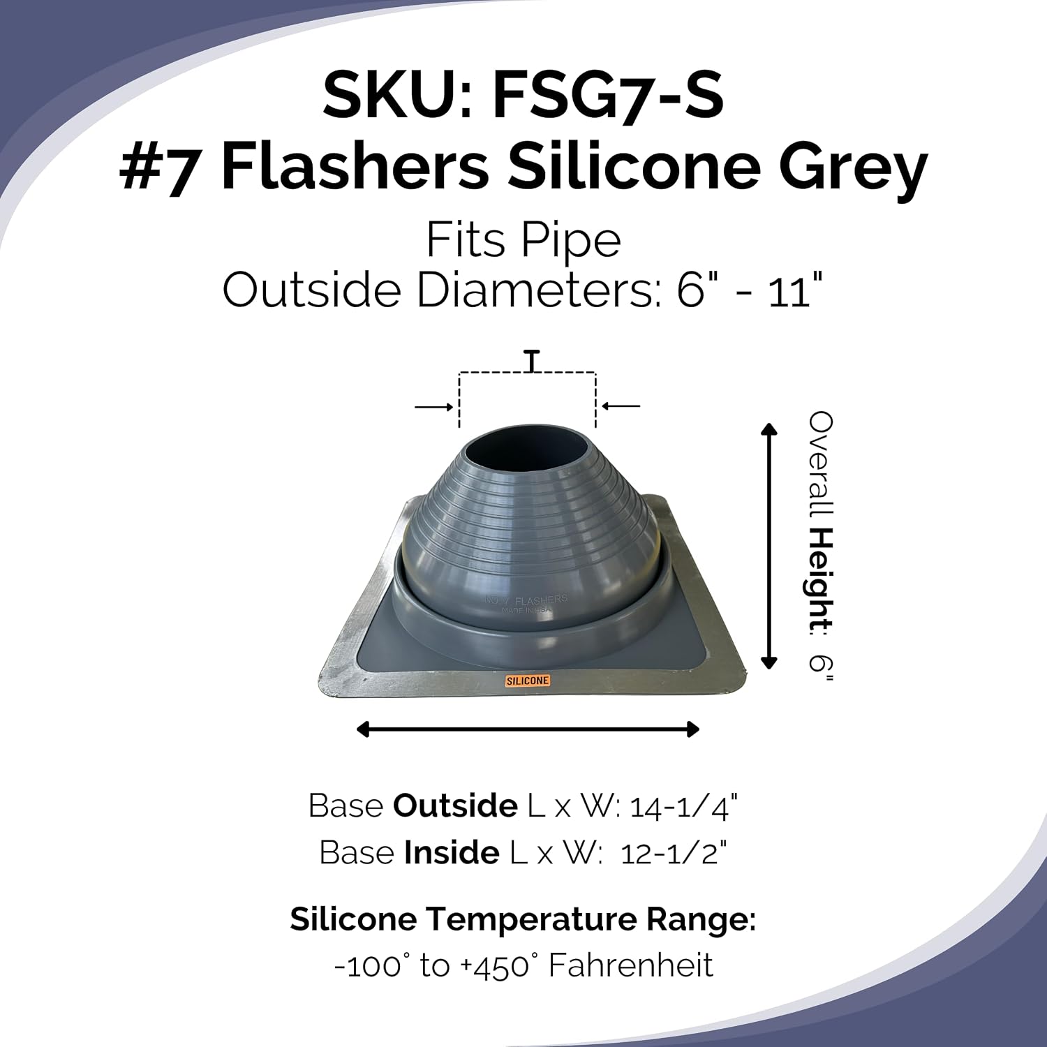 Flashers #7 Silicone Grey Square High-Temperature Flexible Roof Jack Pipe Boot Metal Roofing Pipe Flashing (Pipe OD 6" to 11") - 100% Made in The USA