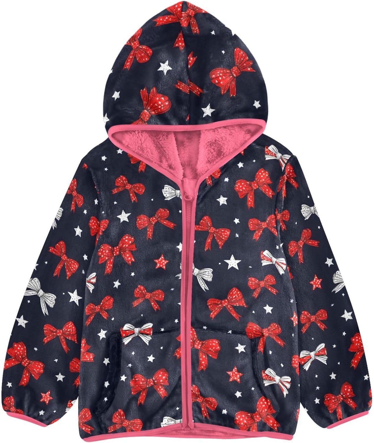Girls Hoodie Outfit Red Bow Star Pattern Black Zipper Sweatshirt Coat Fleece Jacket for Kids 3-10T