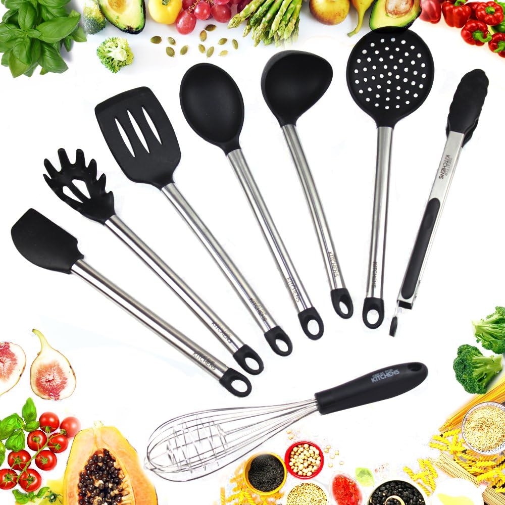 GFK Kitchen Utensils - Set of 8 Cooking Utensils - Made of Silicone and Stainless Steel - Used For Serving Food, Cooking, and Baking - Amazing Nonstick and Non-scratch Heads