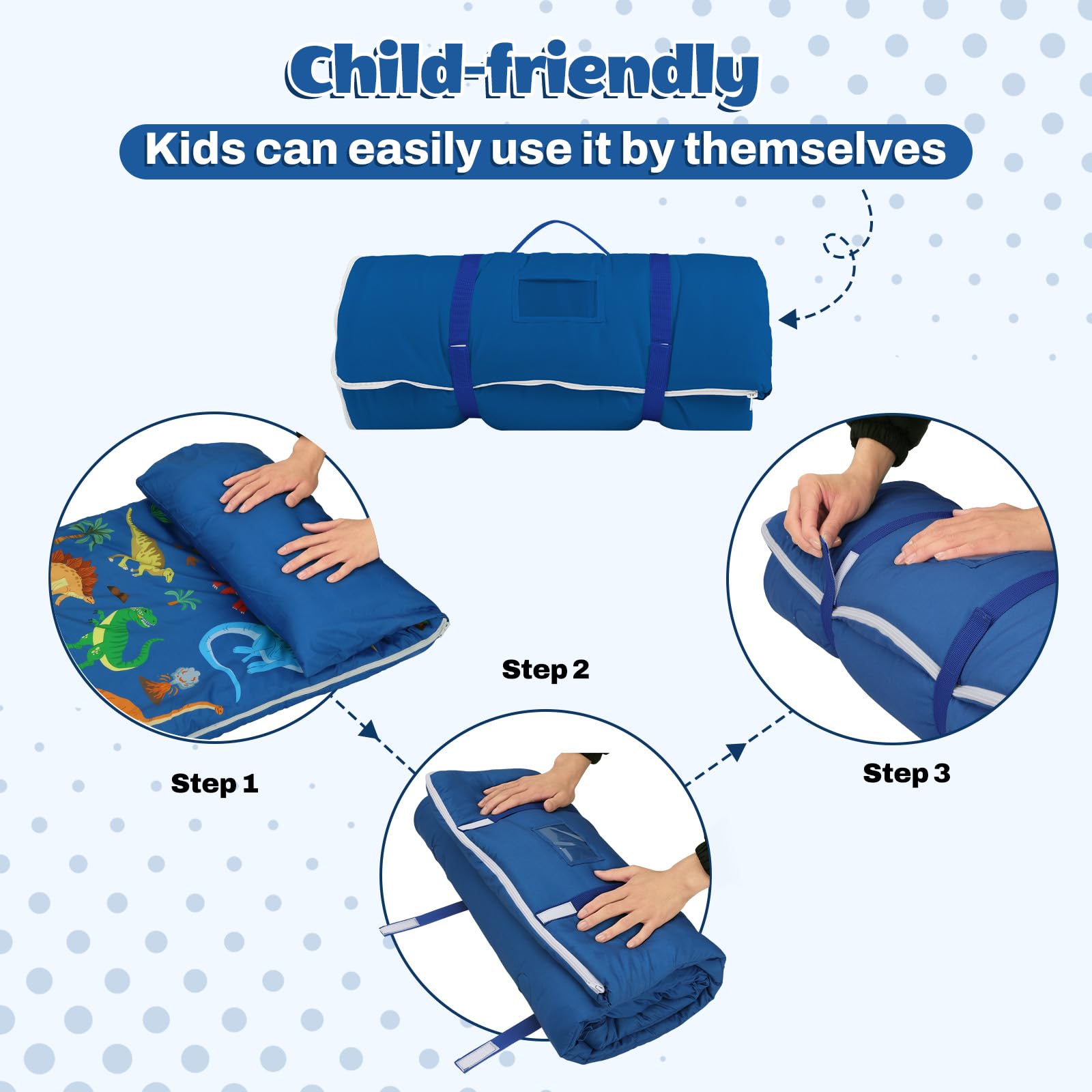 Sacco a Pelo per Bambini con Cuscino e Doppia Cerniera, 150x60 cm Nap Mat per Bambini, Ideale per Casa, Asilo, Scuola Materna e Campeggio