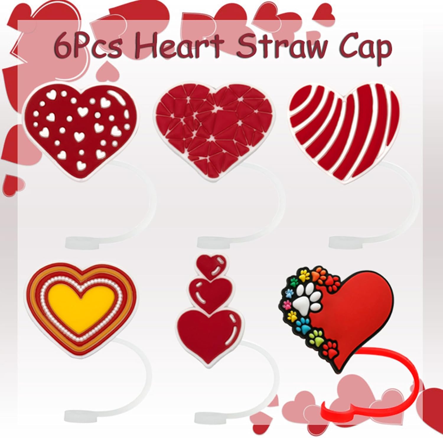 6PCS Hearts Straw Cover Cap for Stanley Cup Valentine Straw Topper Compatible with 30&40 Oz Tumbler with Handle Heart Straw Lids Protectors 10mm Drinking Straw Topper Cute Stanley Cup Accessories