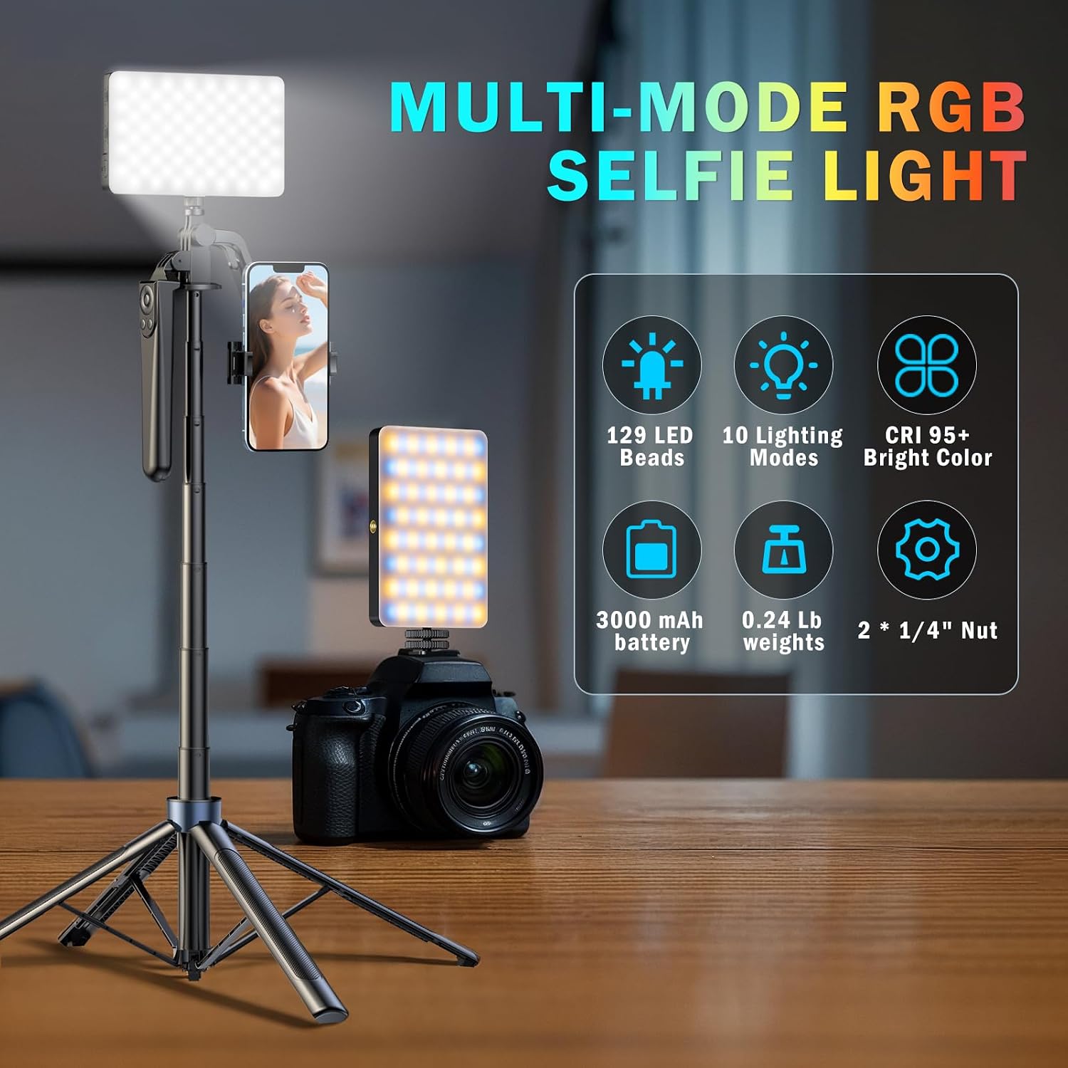 129 LED Camera Light with Metal Hotshoe,3000Mah Rechargeable,Color Temperature 3000-9000K Adjusted 10 Lights Modes for TikTok,Vlog,Selfie,Videoconferencing