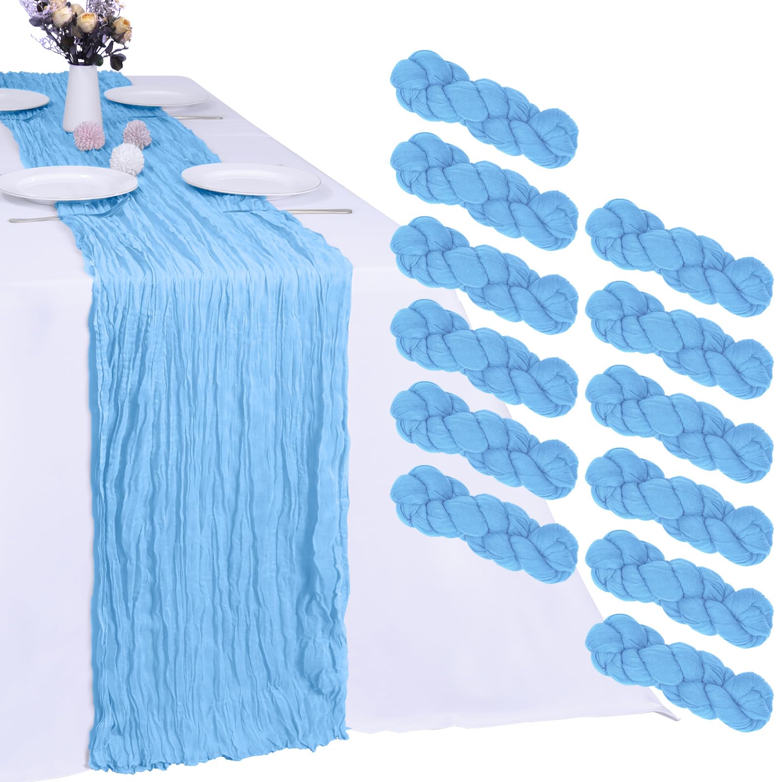 Photo 1 of RestfulGlow 12 Pack Baby Blue Cheesecloth Table Runner 10FT Cheese Cloth Boho Gauze Fabric Table Runner 35 x 120 Inch Rustic Sheer for Summer Holiday Wedding Baby Shower Party Decoration