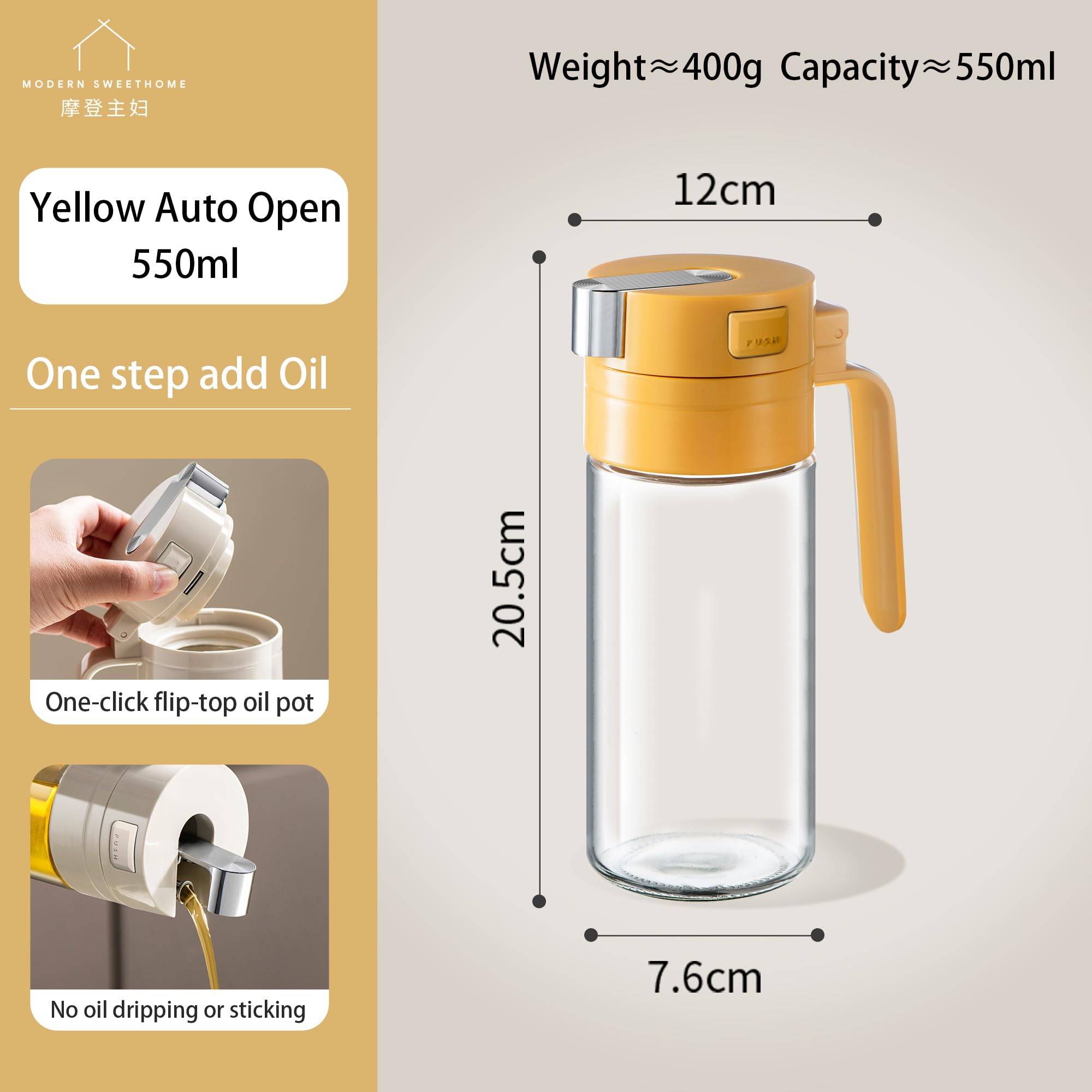 MDZF SWEET HOME 18.6oz Olive Oil Glass Bottle for Kitchen with Button-Press Automatic Open-Close Lid,Perfect for Olive Oil,Salad,Beef Steak