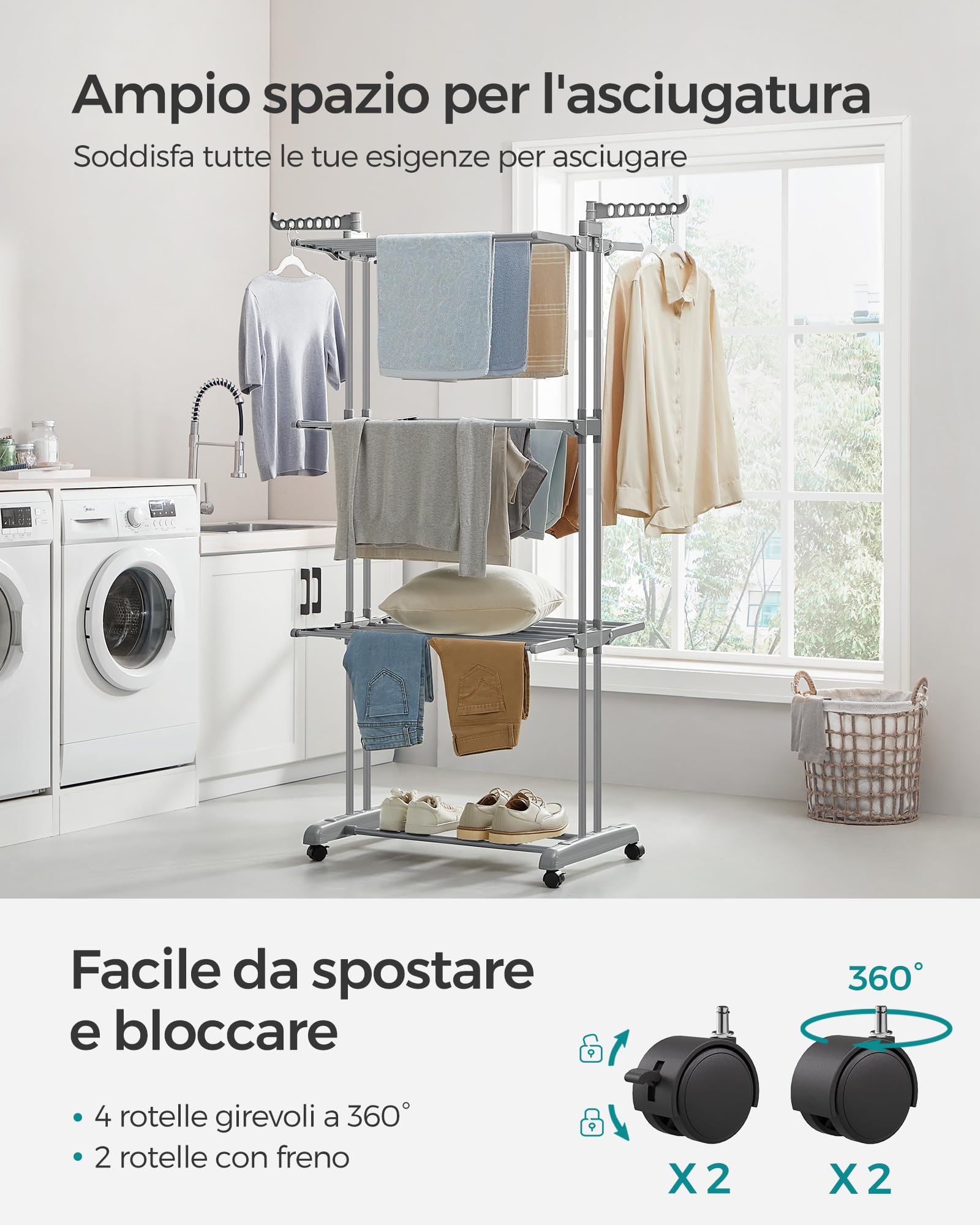 SONGMICS Stendibiancheria, Stendino Pieghevole a 4 Livelli, con Ruote e Ali Richiudibili, 63,5 x 128 x 173 cm, Capiente, Uso Interno ed Esterno, Grigio LLR701G01