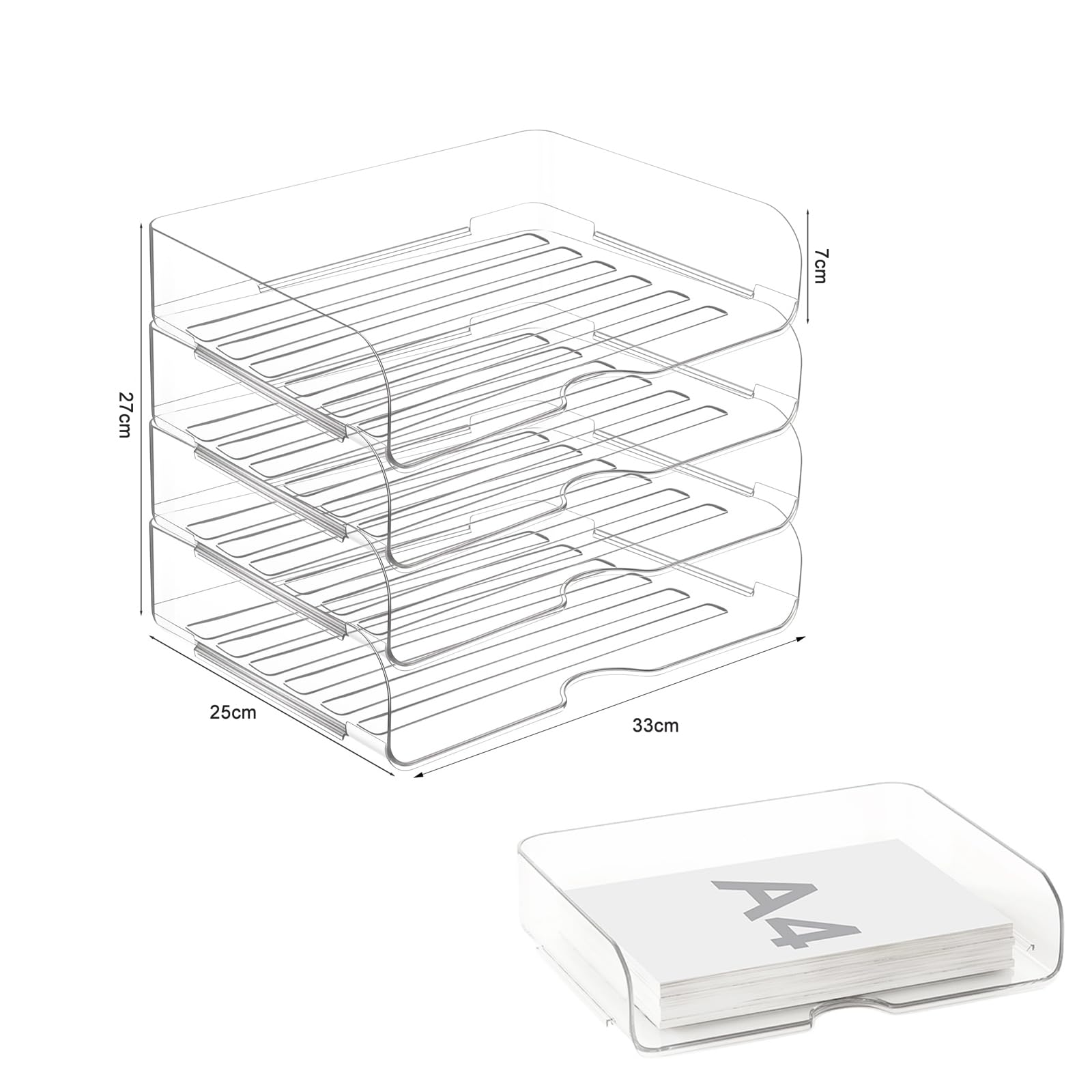 Hniuyun Vassoio per lettere impilabile in acrilico a 4 livelli, organizer per carta trasparente per scrivania, organizer per documenti, formato A4/lettera, forniture per ufficio, iPad, riviste e