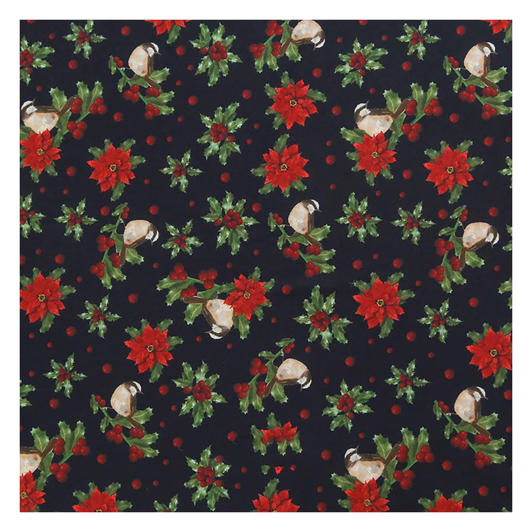 Tissu de Noël, décoratif, en polyester, à coudre, motif floral, style de Noël, pour bricolage, artisanat, vêtements, nappe, arrière-plan, scrapbooking (300 x 150 cm)