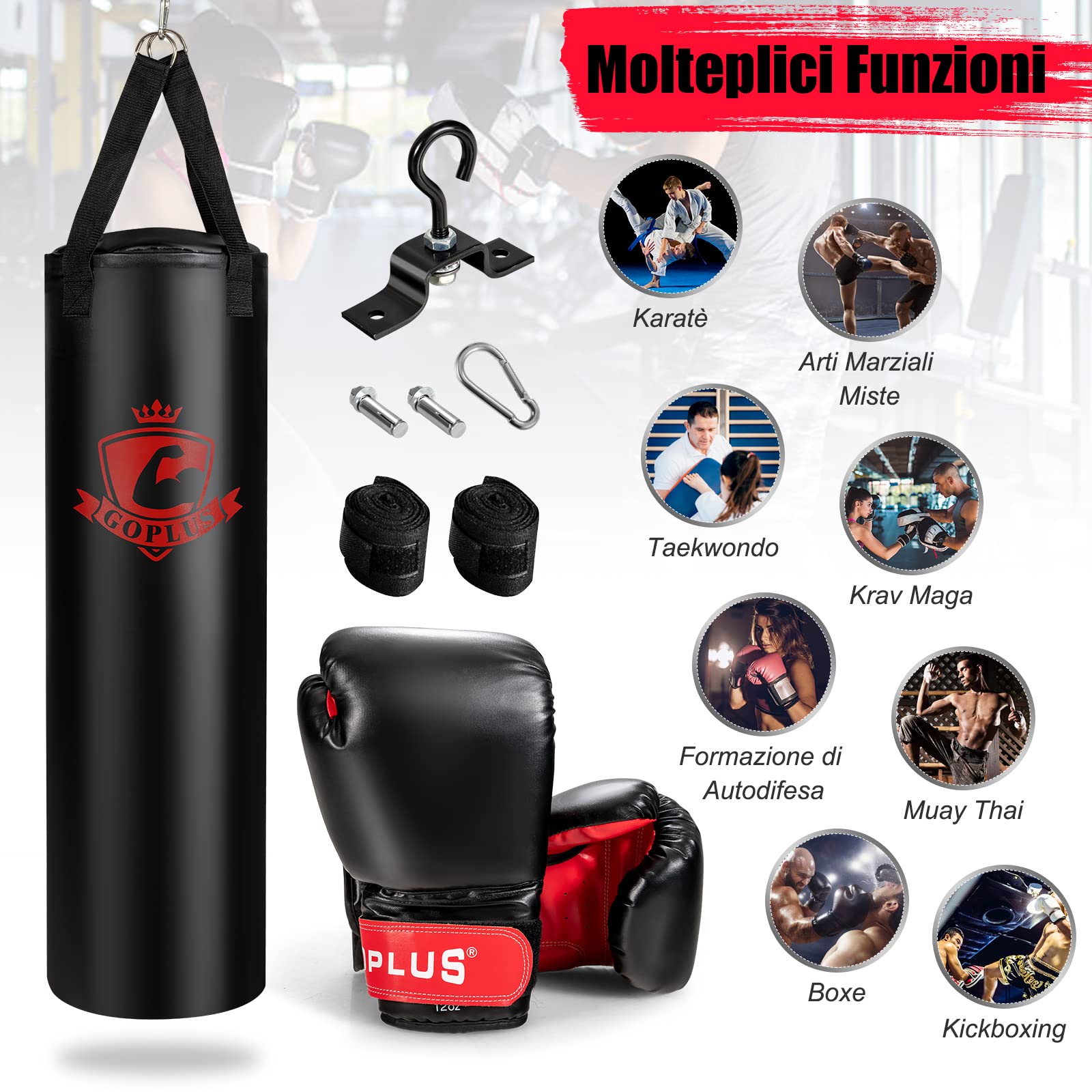COSTWAY Sacco da Boxe per Adulti 29 kg | Sacco da Boxe Appeso con Guanti, Gancio e Fasce per Mani, Ideale per Muay Thai, Karate e Taekwondo
