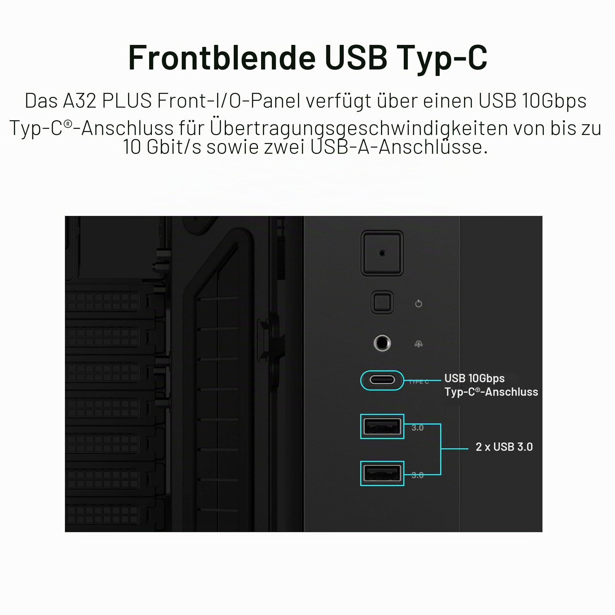 ASUS A32 Plus Black ATX-PC Gehäuse | Schwarz | vorinstallierte ARGB-Lüfter, Panorama-Design, Glas Frontpanel, kompatibel mit 360mm-Radiatoren & 420mm-Grafikkarten, USB C