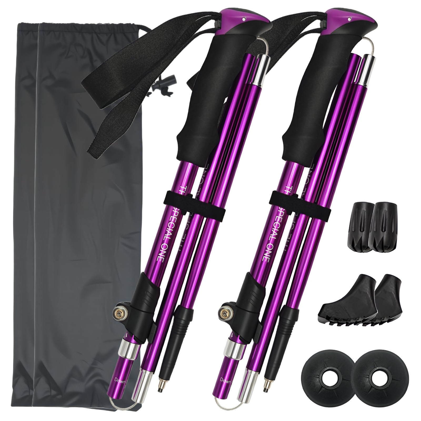 Bâtons de marche nordique pour homme et femme - 2 bâtons de randonnée télescopiques pliables et réglables de 110 à 130 cm - Bâtons de marche de qualité supérieure en aluminium avec 3 paires de tampons
