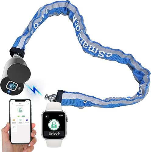 Cerradura de cadena para bicicleta de huellas dactilares, resistente con Bluetooth, impermeable, biométrica, antirrobo, con bloqueo de cadena de 3.3
