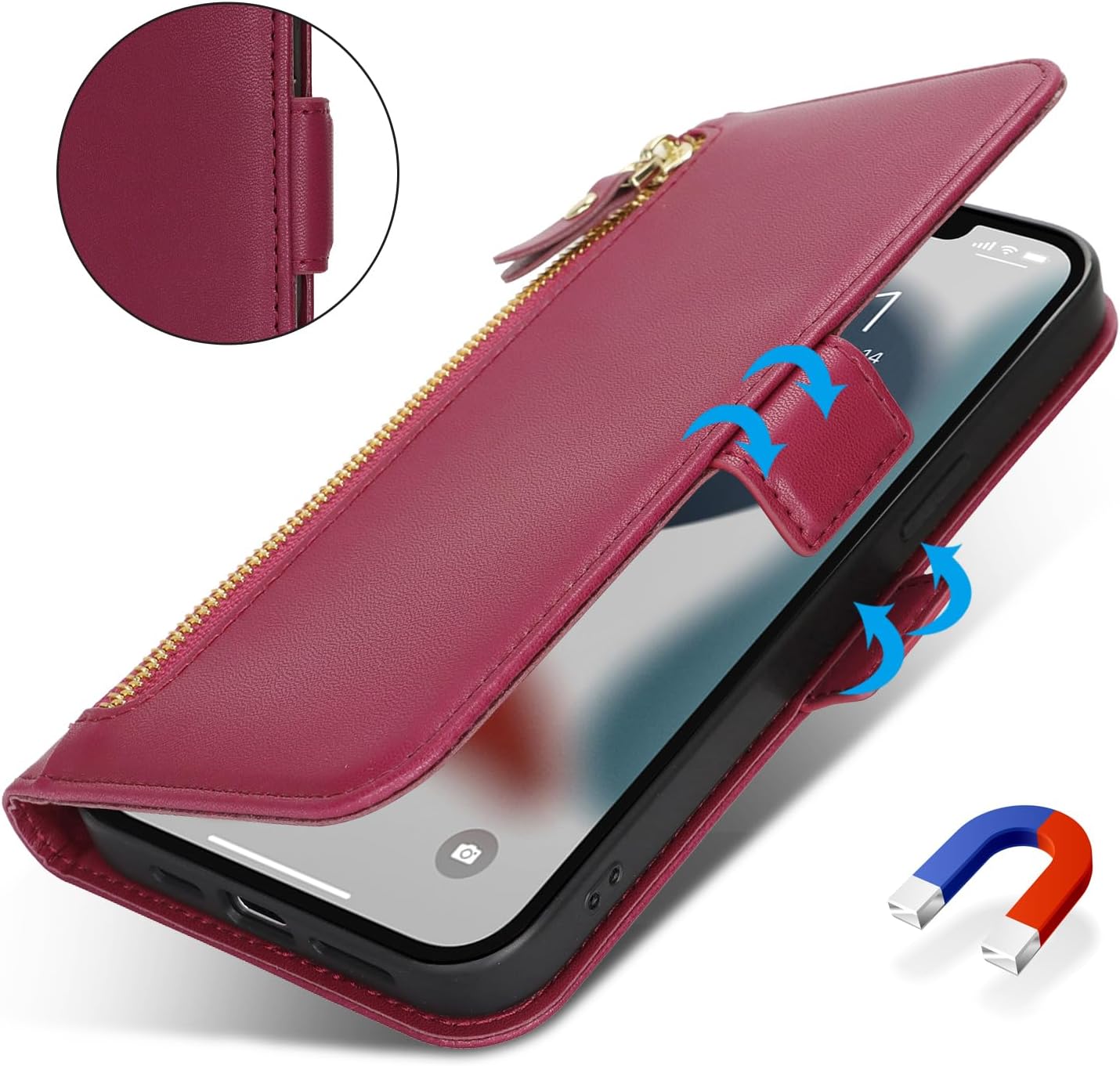 Ｈａｖａｙａ for iPhone 13 Pro Max case with Card Holder Zipper for Women Men iPhone 12 Pro Max case Wallet Flip Folio Credit Card Slots Stand Shockproof PU Leather Phone Cover(6.7")-Rose Red