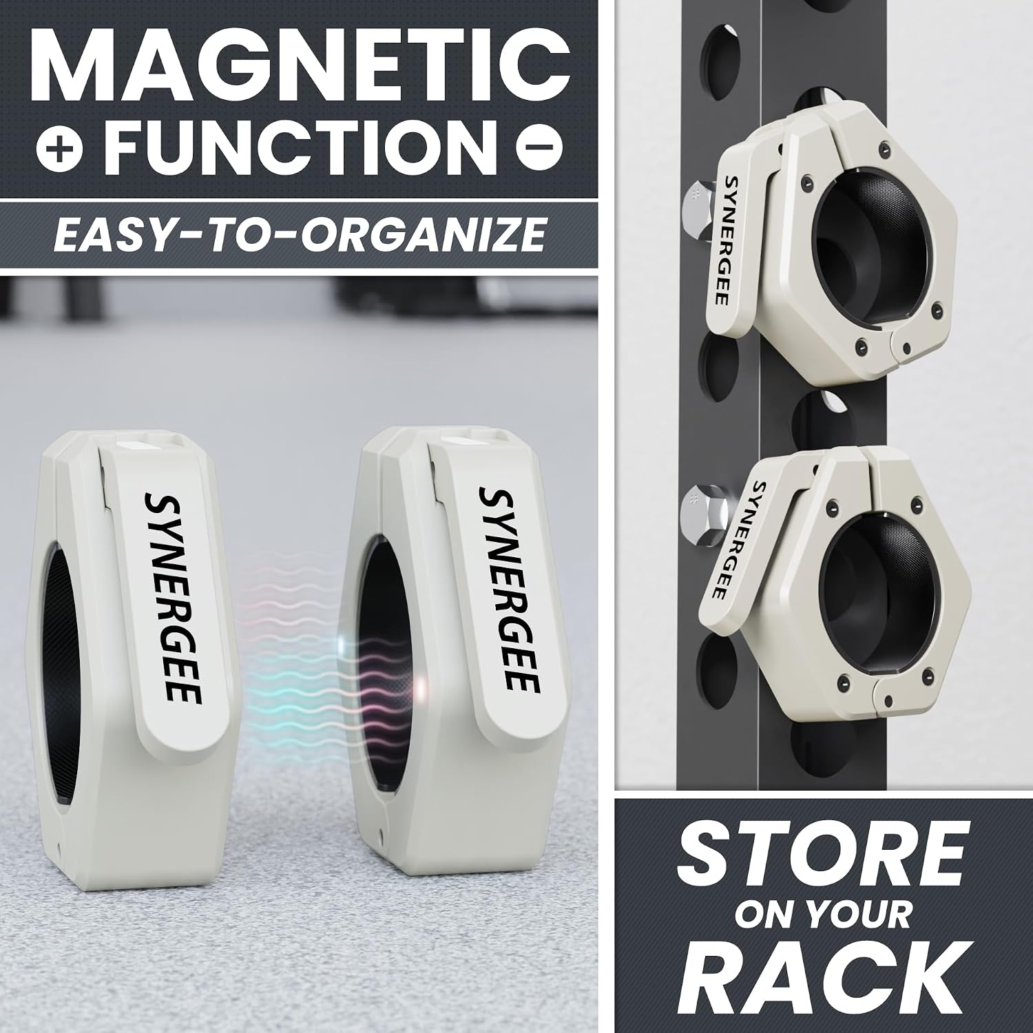 Synergee Magnetic Barbell Collars – 2" Olympic Plastic Locking Weight Clamps with Quick-Release Lever – Secure Barbell Clips with Built-in Rack Magnets
