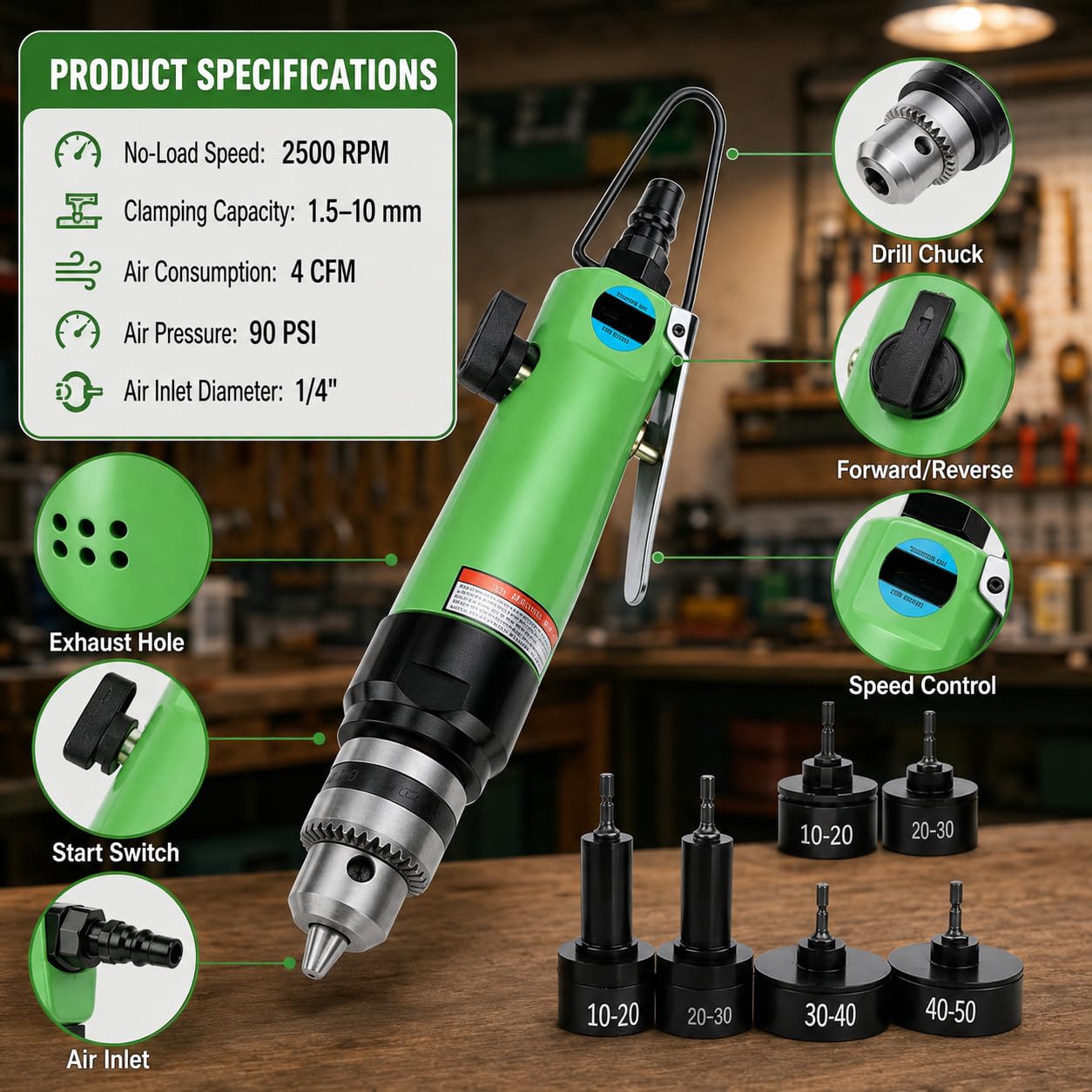Tappatrice pneumatica portatile, 10-50 mm, 2500 giri/min, 6 teste