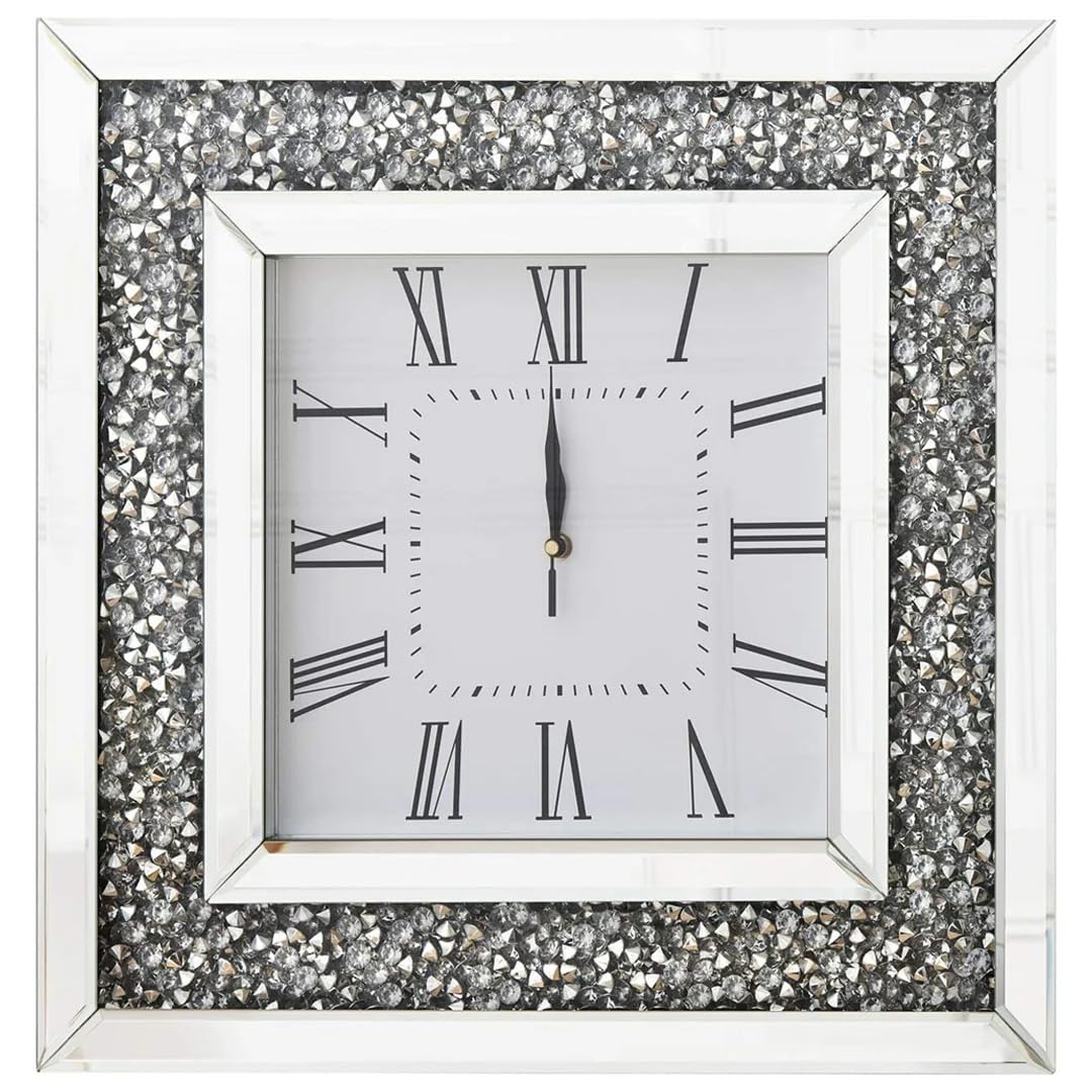 Crushed Diamond Sparkle Crystal Mirrored Wall Clock, Square, 30 x 30 cm, Roman Numerals