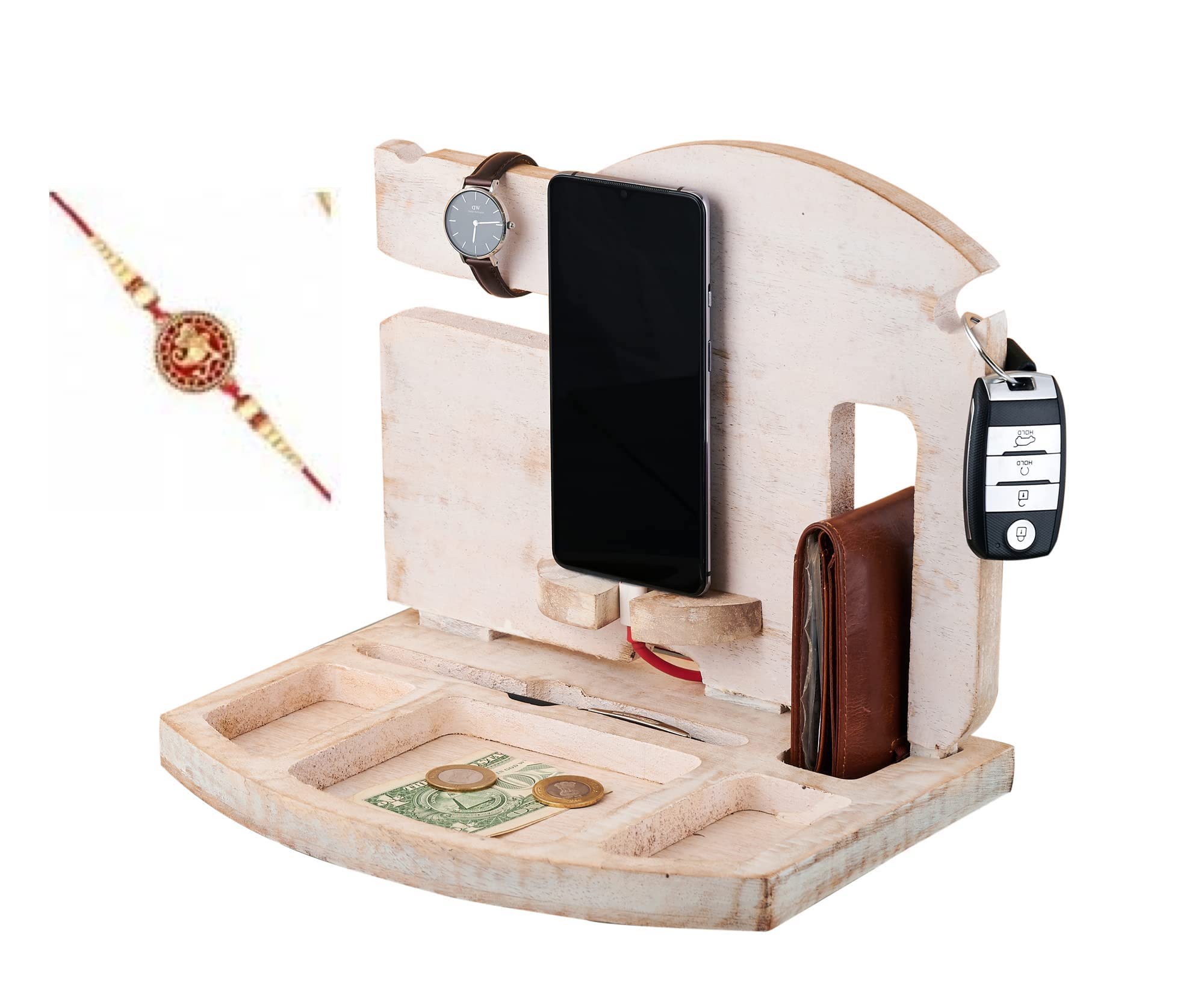 Rakhi with Gift for Brother Gift Set Rakhi Gift Raksha Bandhan Wooden Night Stand Organizer Mobile Phone Docking Station Desk Organizer Watch, Wallet, Keys, Coins MB1WW