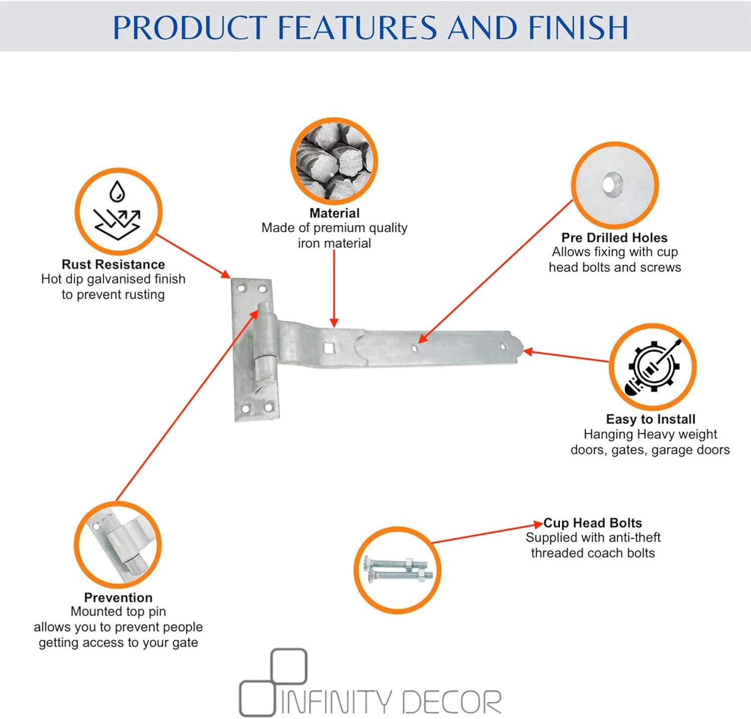 Barn Door Hinges Heavy Duty Barn Door Hinges with Hook and Strip Casting and Straight Bolt (Zinc, 2" x 12")