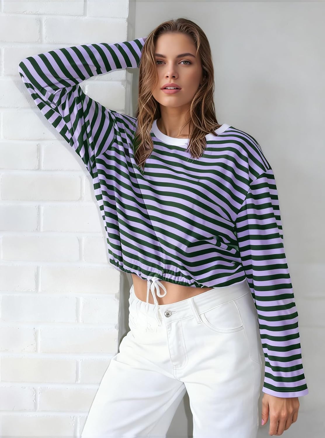 Womens Long Sleeve Sweatshirt Oversized Striped Crewneck Pullover Going Out Crop Tops Casual Outfits - Image 4