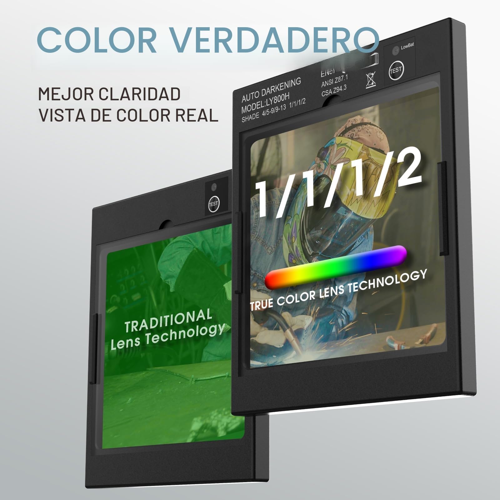 YESWELDER Careta Soldar de Color Verdadero, 10X9cm Pantalla Grande Careta Soldar Automatica Batería Solar Reemplazable, 4 Sensores de Arco, Sombra Amplia 4/5~9/9~13 para TIG MIG ARC Cut Grind