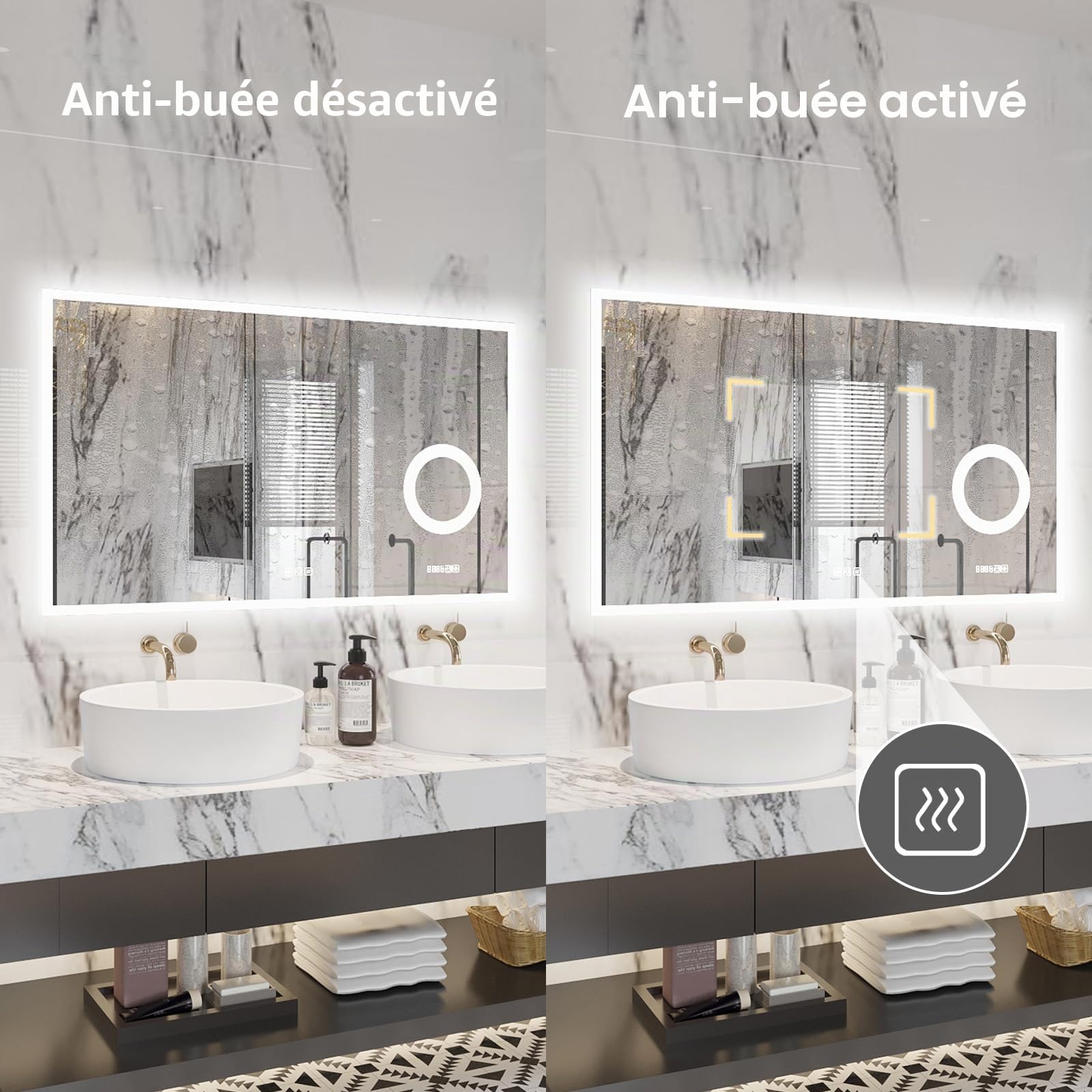 furduzz Miroir de salle de bain LED avec grossissement 3x, 1000 x 600 mm, miroir mural avec éclairage, intensité variable, horloge numérique, température, 3 couleurs, anti-buée, fonction mémoire