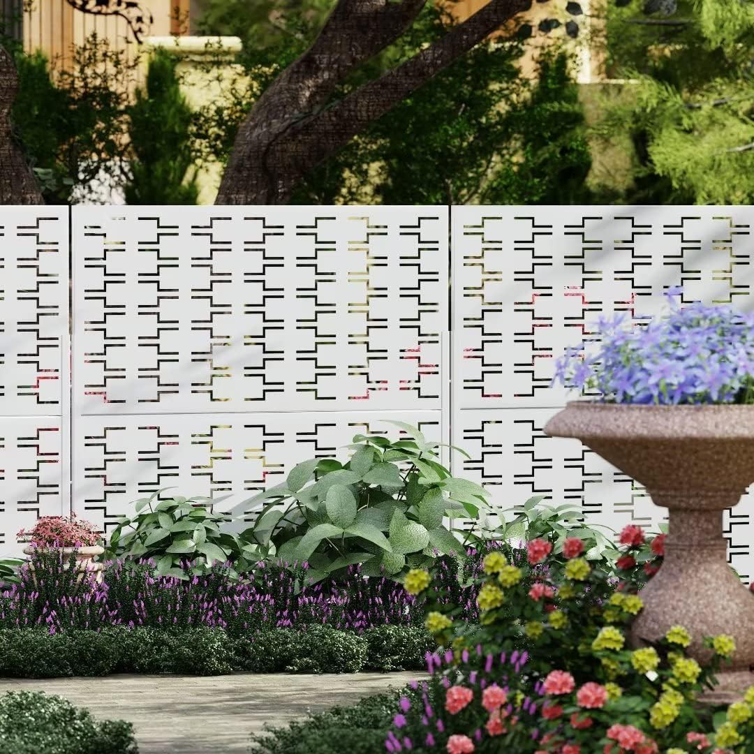 Elevens Metal Privacy Screen Outdoor Patio Screen Panels Freestanding Decorative Screen Set with Stand for Deck Patio Balcony Garden Outdoor&Indoor, White-Brick