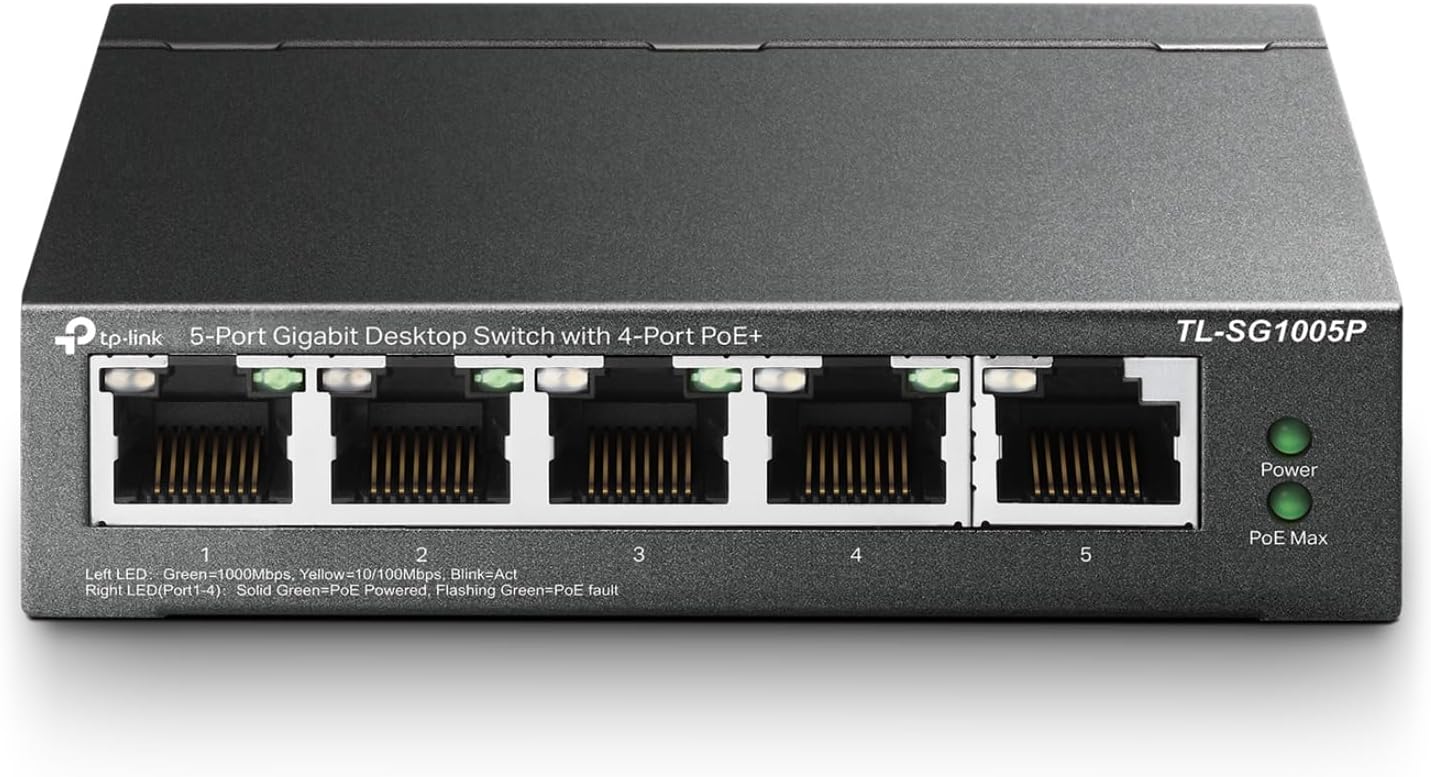 TP-Link 5 Port Gigabit PoE Switch | 4 Port PoE 56W | 802.3af Compliant | Shielded Ports | Traffic Optimization | Plug and Play | Sturdy Metal (TL-SG1005P) (Renewed)