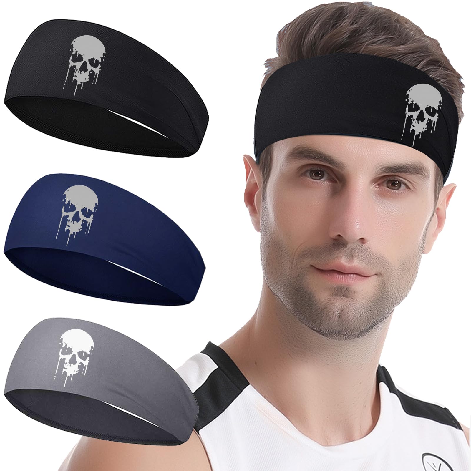 3pcs Sports Sweat Bands Headbands for Men Sweatbands Skull Workout Cooling Headbands for Men Women Running Headband Hairband Elastic Men's Head Sweat Band for Football