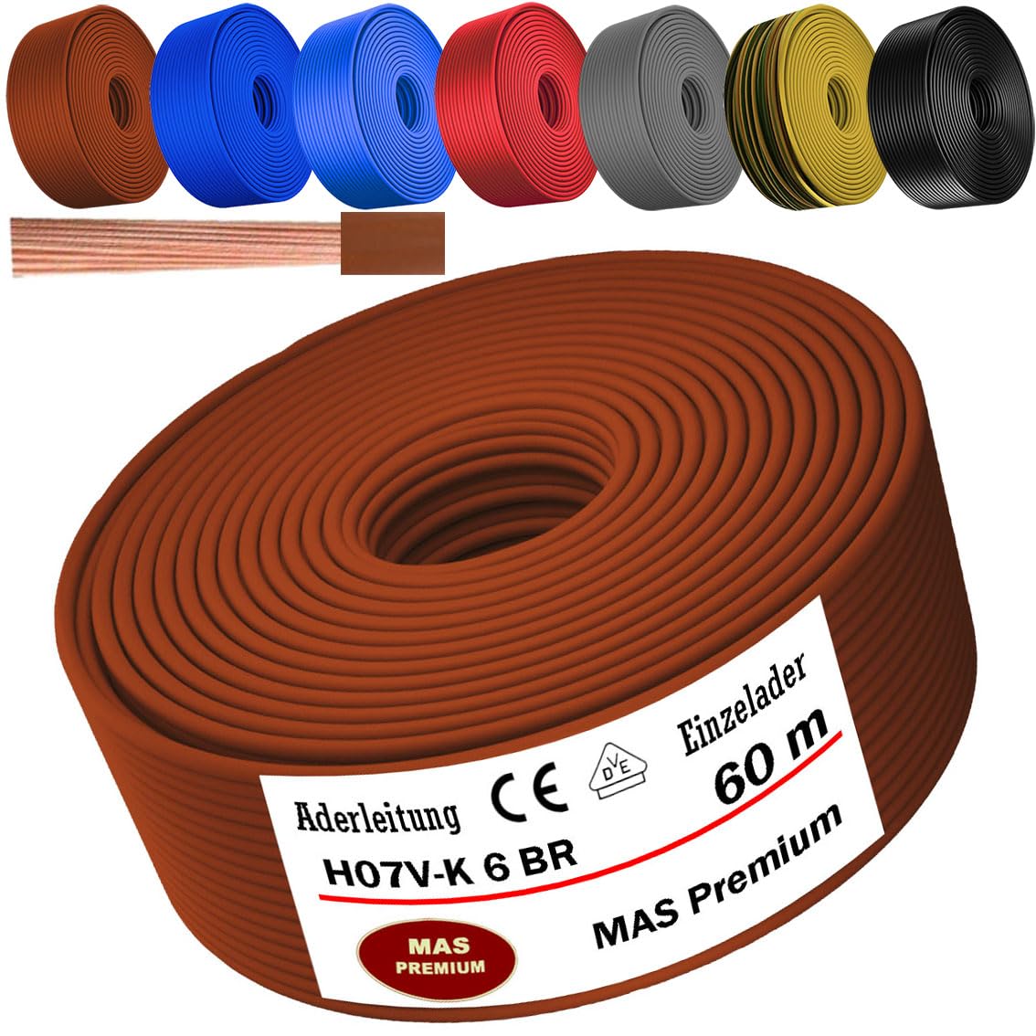 MAS Premium Cable de 5 a 100 m H07 V-K 6 mm² negro, marrón, azul oscuro, amarillo verdoso, gris, rojo o azul claro, cable individual flexible (marrón, 60 m)