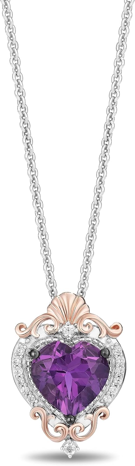 Jewelili Enchanted Disney Fine Jewelry Ariel Pendant Necklace for Women | 10K Rose Gold & Sterling Silver | Heart Shaped Amethyst & 1/10 CTTW White Diamonds | 18" Cable Chain | Jewelry Gifts for Her
