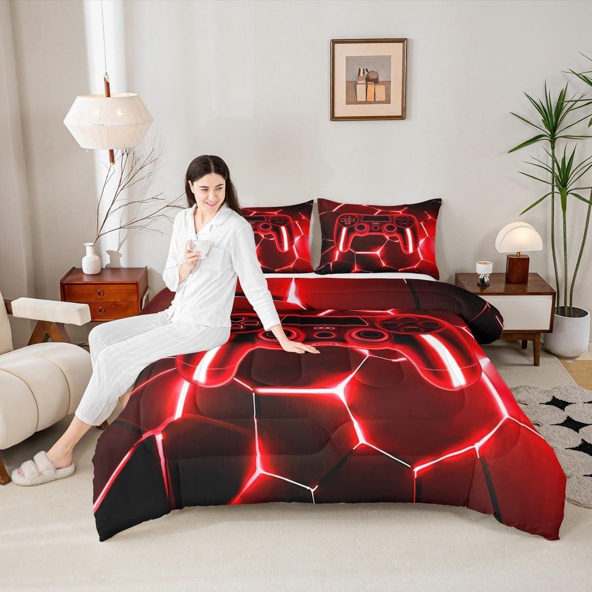Gaming Bedding Set for Girls Boys Kids Toddler Size Neon Red Gamer Comforter Set Room Decor Game Console Controller Duvet Quilt 2Pcs Honeycomb Bedclothes Breathable Soft Lightweight Microfiber