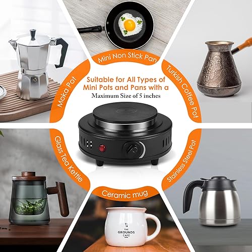 Miniatura 8 de Potlimepan Pequeña placa eléctrica de 120 V, pequeña placa caliente eléctrica de 120 V para olla Moka, pequeña placa caliente mini (500 W negro)