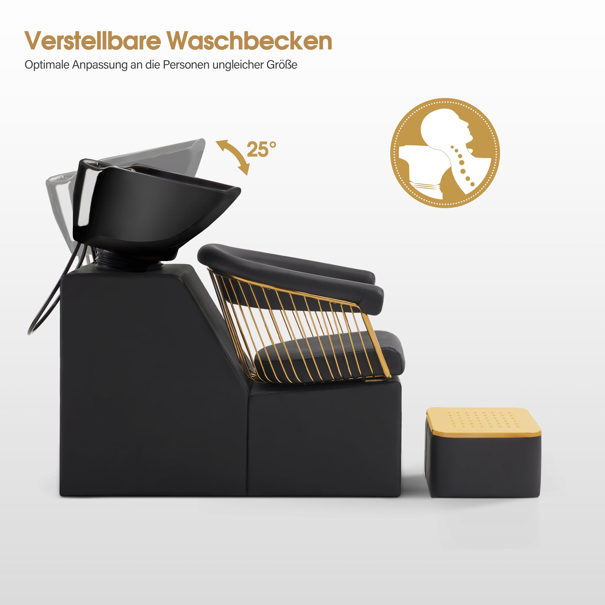 Barberpub Friseurstuhl mit Waschbecken, Friseurwaschbecken aus Keramik Verstellbar, Rückwärtswaschsessel mit Fußhocker, Friseurwaschsessel für SPA Salon, Waschplatz Retro 8037 (Gold-Schwarz/PVC)