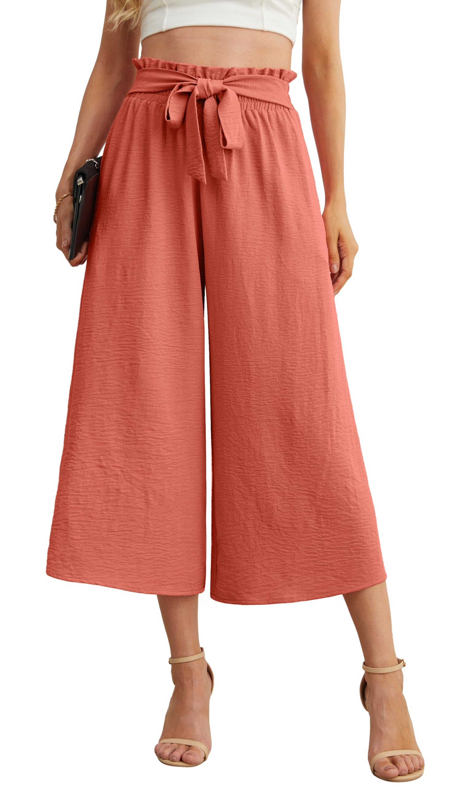 IWOLLENCE Women Flowy Loose Wide Leg Pant Summer Beach Casual Trousers high Waist Adjustable Knot Business Work Casual Pants