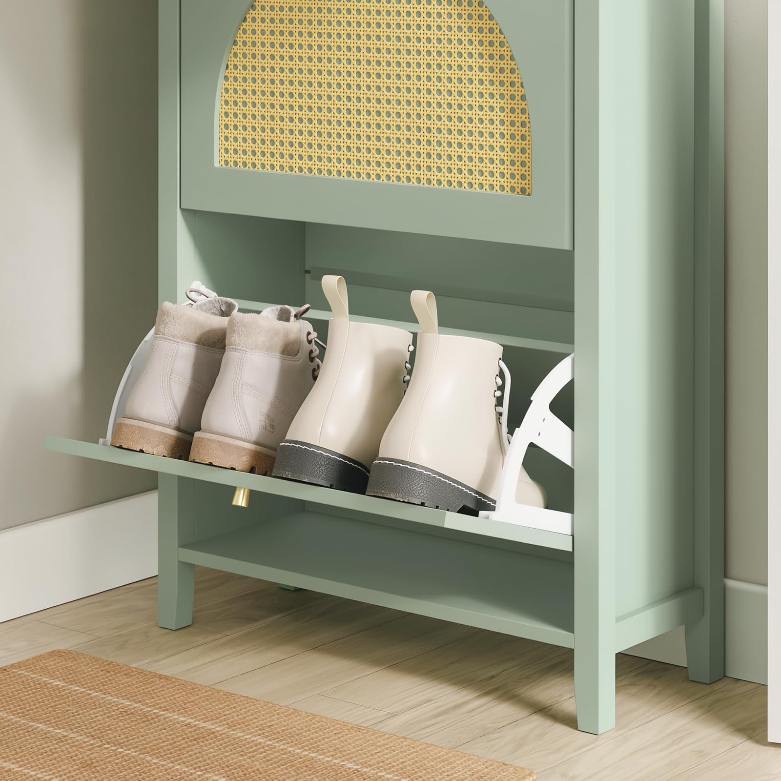 SoBuy Zapatero Estrecho - 2 Puertas 1 Cajón 62x25x97cm Entrada | Zapatero Recibidor MDF Con Puertas De Ratán, Cajón, Capacidad 8 Pares, Para Recibidor Pequeño, Verde Amarillo, FSR223-GR