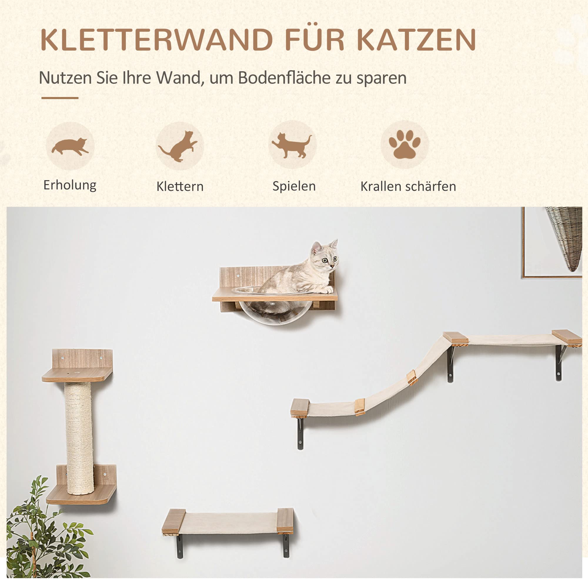 PawHut Kletterwand Katzen 4-teilig Katzenkletterwand bis 5 kg Hellbraun