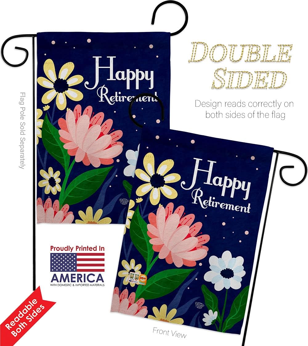 Happy Retirement Garden Flags Pack Celebration Retired Veteran Congratulations Occasion Anniversary Party USA Applique Small Decorative Gift Yard House Banner Double-Sided Made In 13 X 18.5