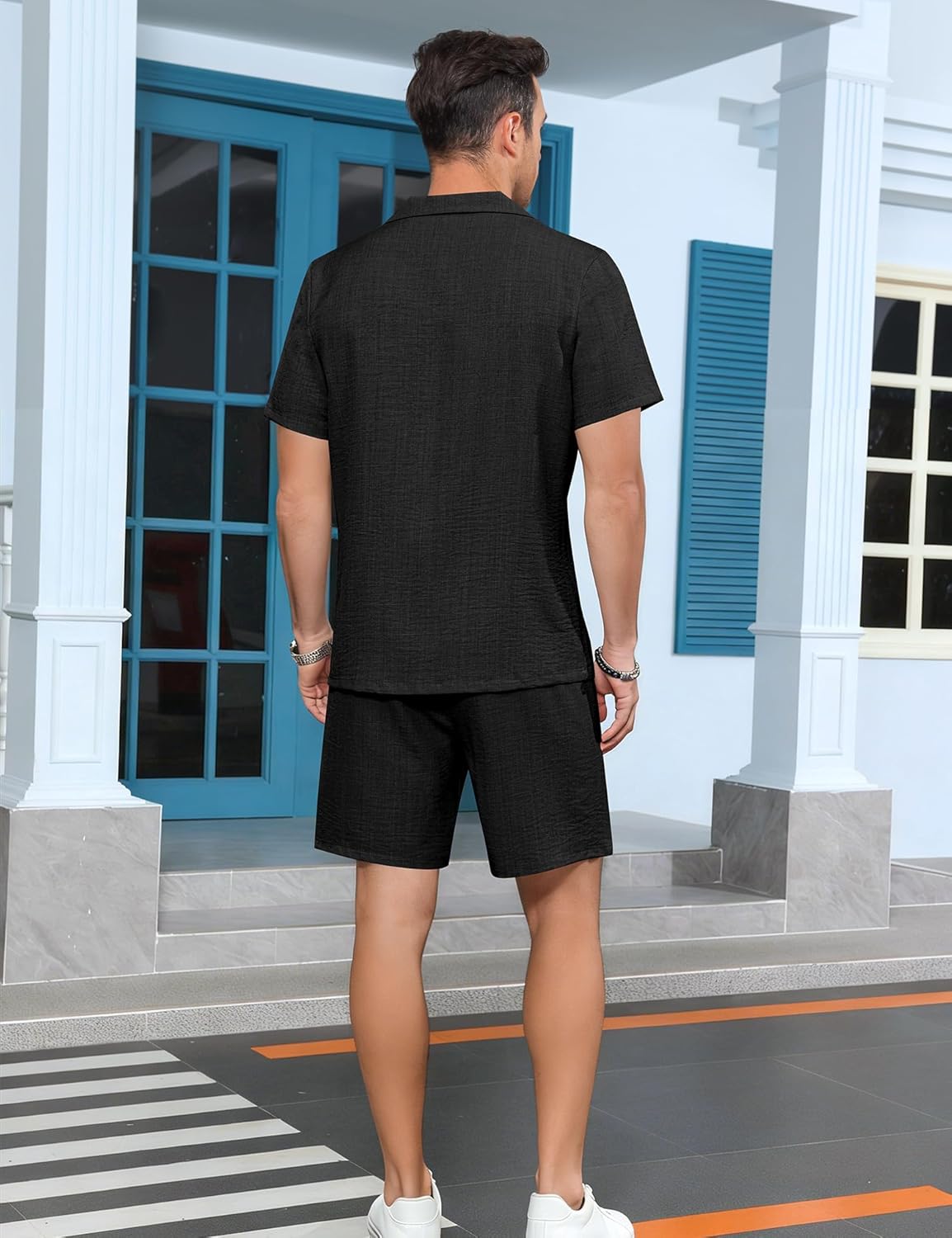 LecGee Men's Short Sleeve 2 Piece Set Simple Shirt Summer Button Vacation Linen Loose Pants Solid Color Causal Tracksuit