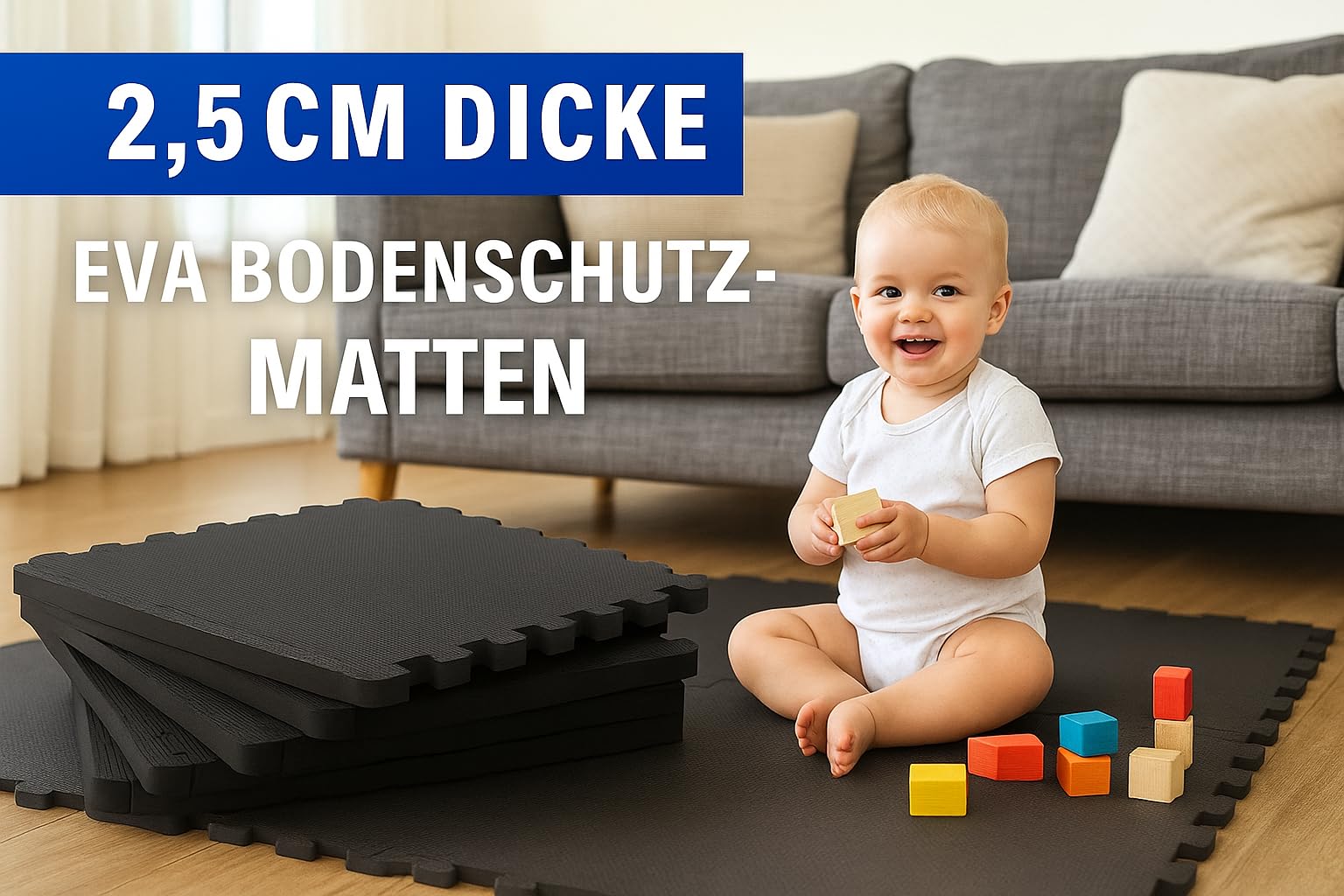 Bodenschutzmatte Sportmatte Puzzlematte Fitnessmatte rutschfest Bodenschutz Pool Unterlegmatte | 58x58x2.5 cm | schwarz,blau und grau | 6, 12,18 Teile
