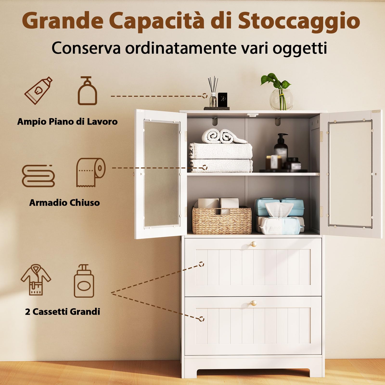 Armadietto di legno con doppie ante a persiana e mensola regolabile, Armadio per bagno e salone