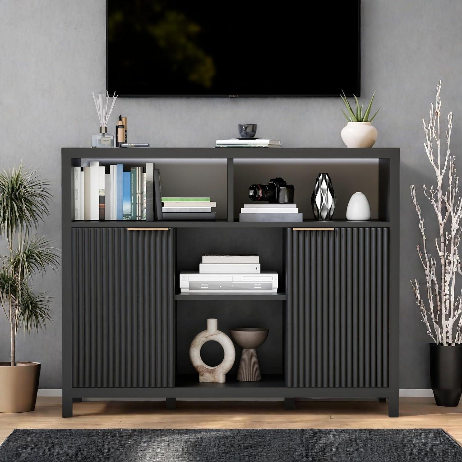 FONTOI Buffet Cabinet, Sideboard Fluted Cabinet Modern Kitchen Buffet Storage Cabinets with Doors and Shelves, Wood Farmhouse Coffee Bar Station for Entryway & Dining Room & Living Room, Wood