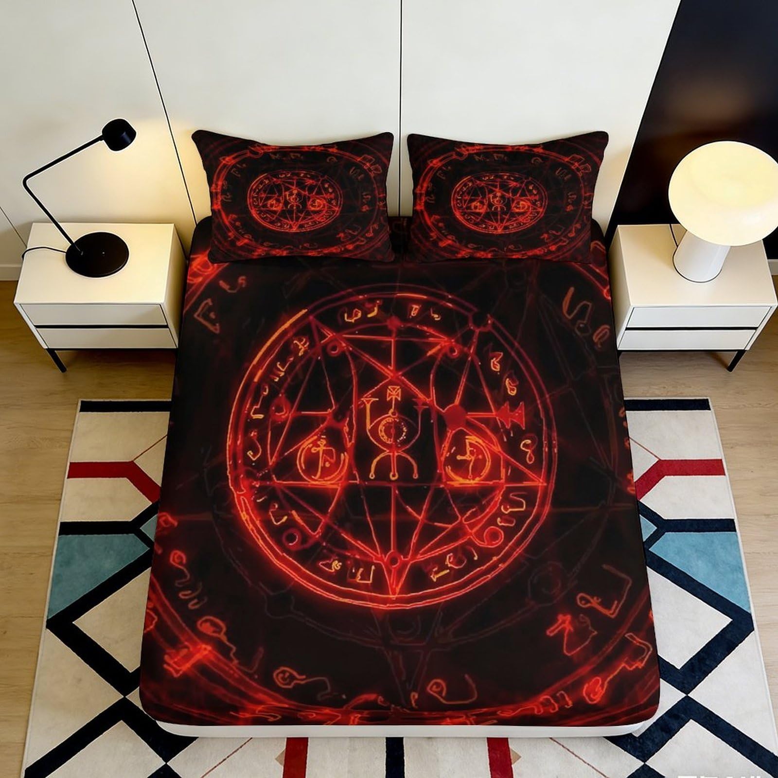 3D Printed Symbol Pattern Fitted Sheet Microfiber Deep Pocket Non-Slip Bedroom Bedding Magic Circle Mattress Fitted Cover Adult Teen Washable 200x200x25cm 90x200x25cm