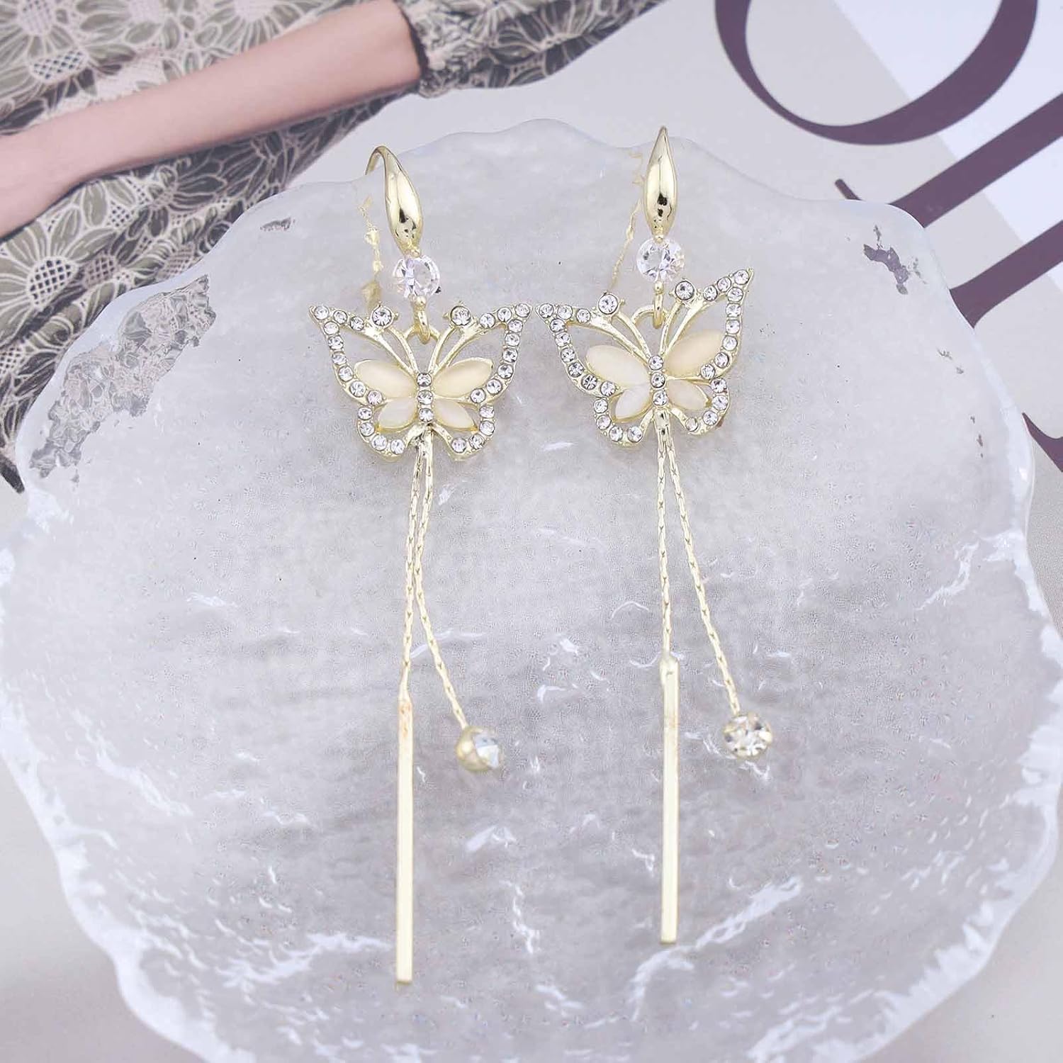 Bohemian Crystal Butterfly Tassel Dangle Earrings Gold Moonstone Butterfly Drop Earrings Long Cz Butterfly Earrings Rhinestone Tassel Chain Earrings Jewelry for Women Gifts - Image 4
